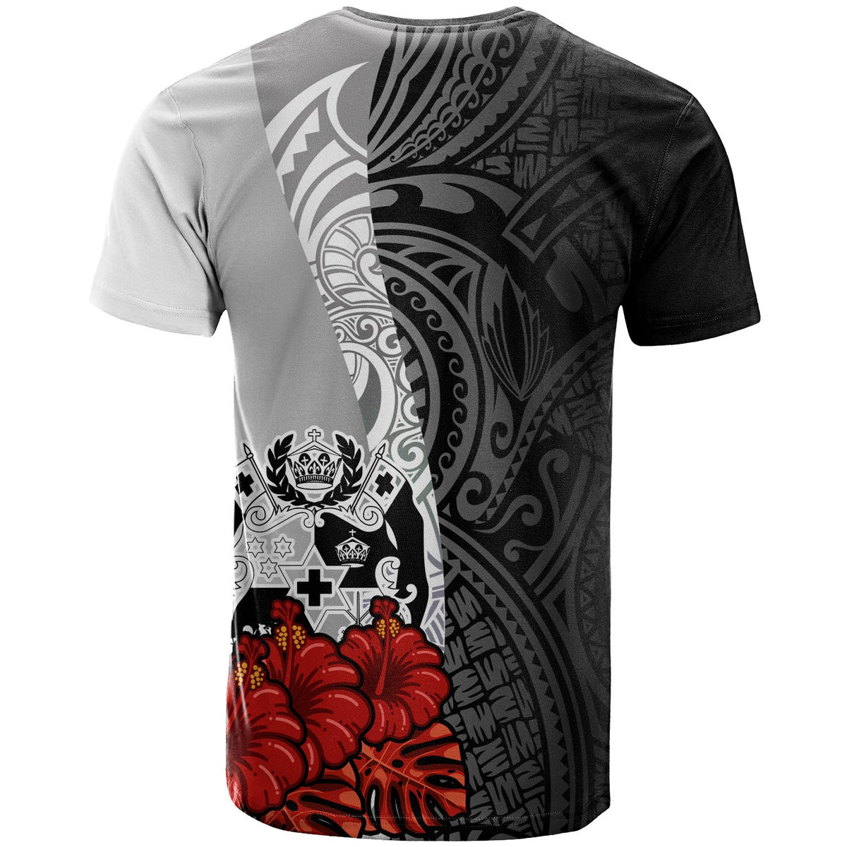 Tonga Polynesian T Shirt Coat of Arms With Hibiscus White - Polynesian Pride