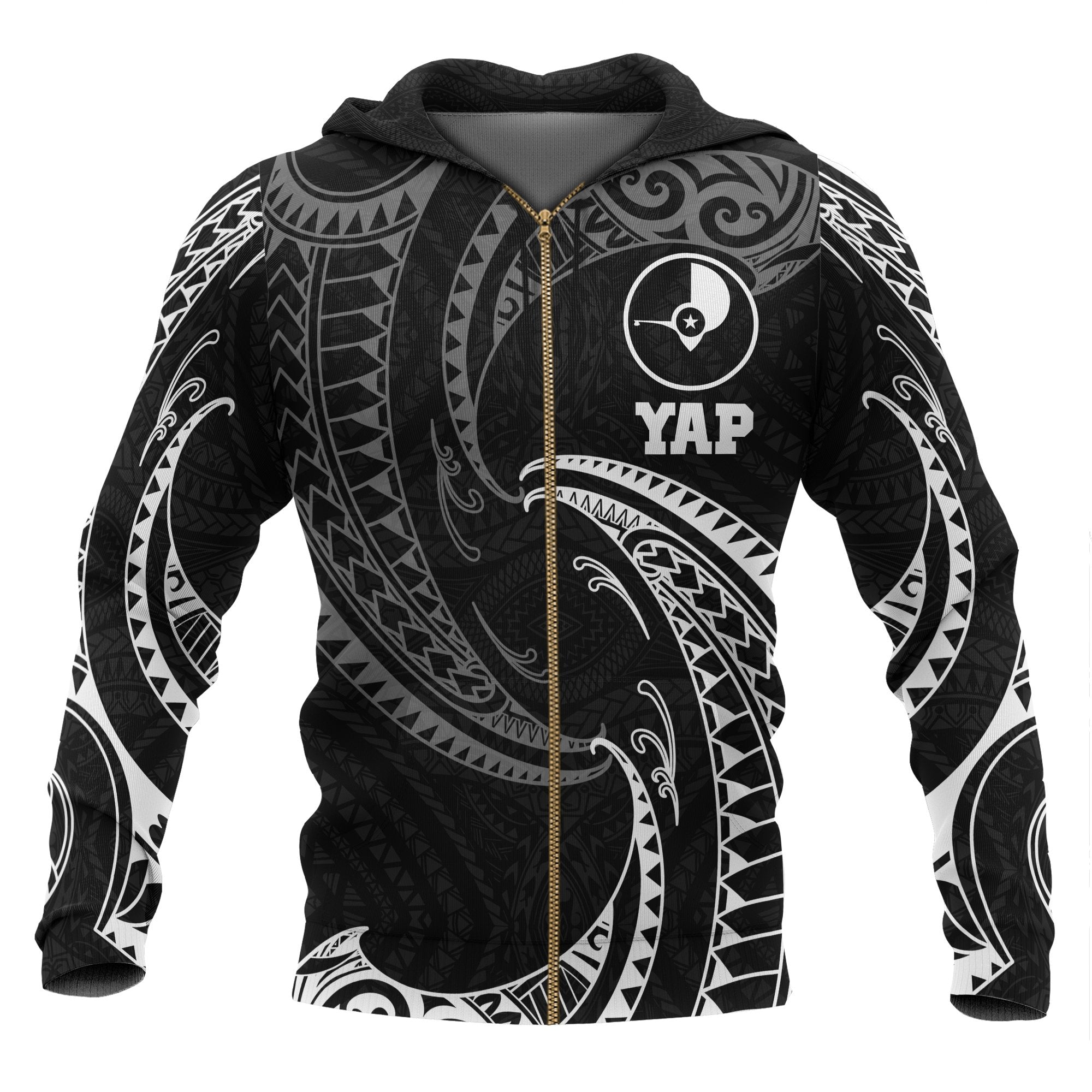 Yap Micronesia All Over Zip up Hoodie White Tribal Wave Unisex Black - Polynesian Pride