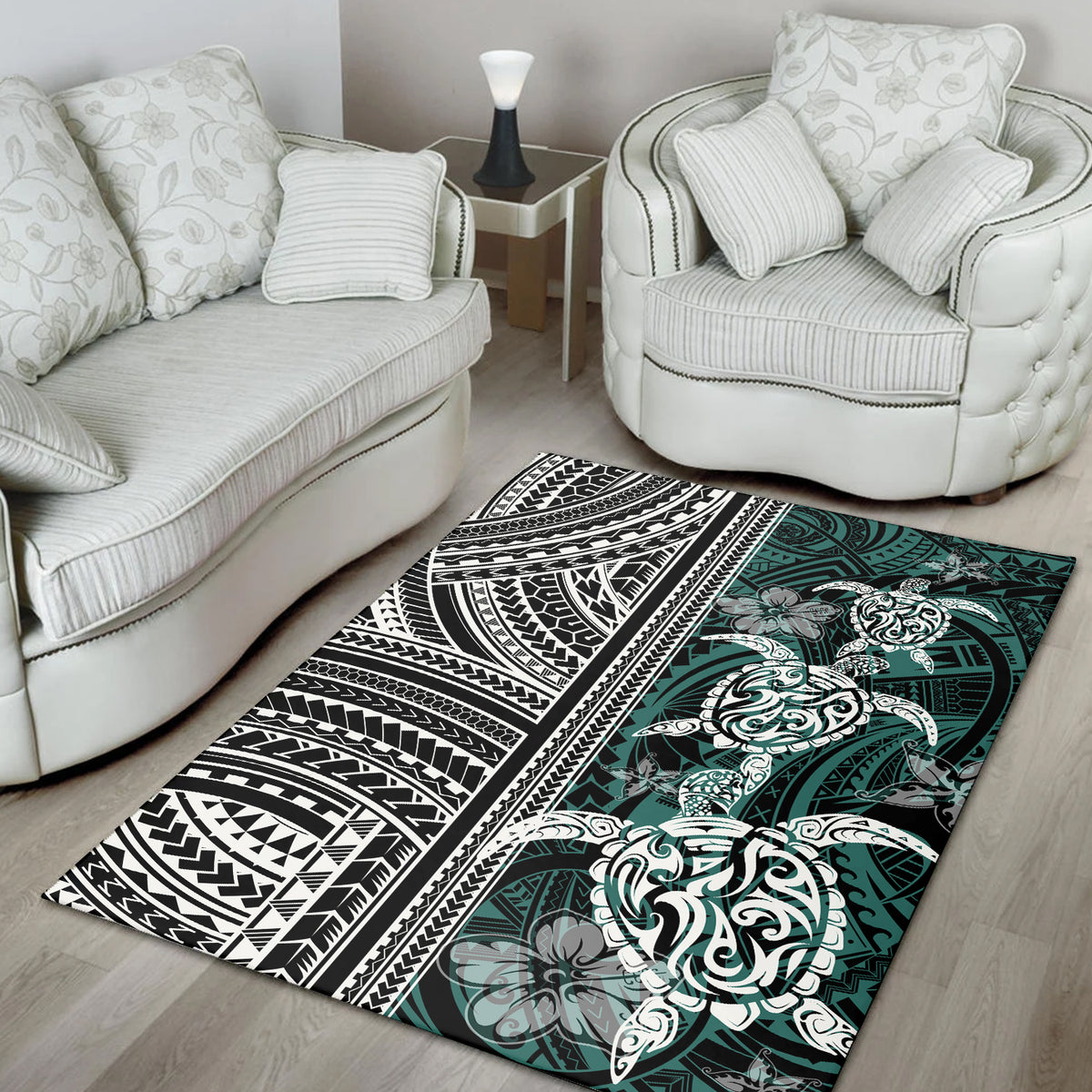 Polynesian Area Rug - Turtle With Ethnic Motives And Floral Elements - LT20 - Polynesian Pride