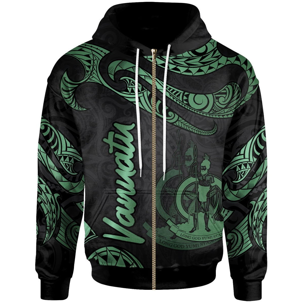 Vanuatu Polynesian Zip Hoodie Polynesian Tattoo Green Version Unisex Green - Polynesian Pride