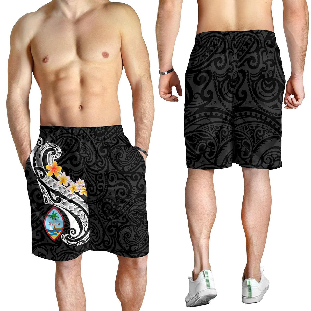 Guam Men's Short - Guam Seal Polynesian Patterns Plumeria (Black) - Polynesian Pride