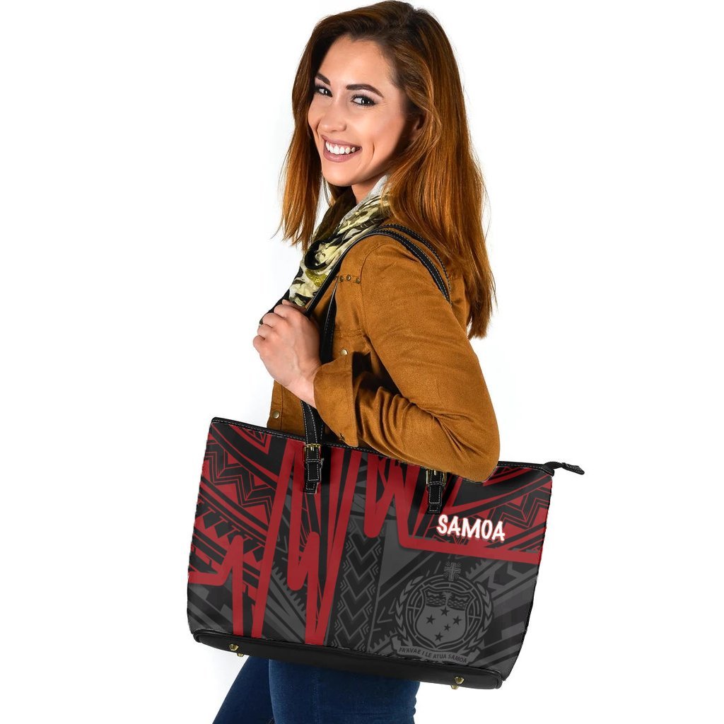 Samoa Leather Tote Bag - Samoa Coat Of Arms With Polynesian Pattern In Heartbeat Style (Red) - Polynesian Pride