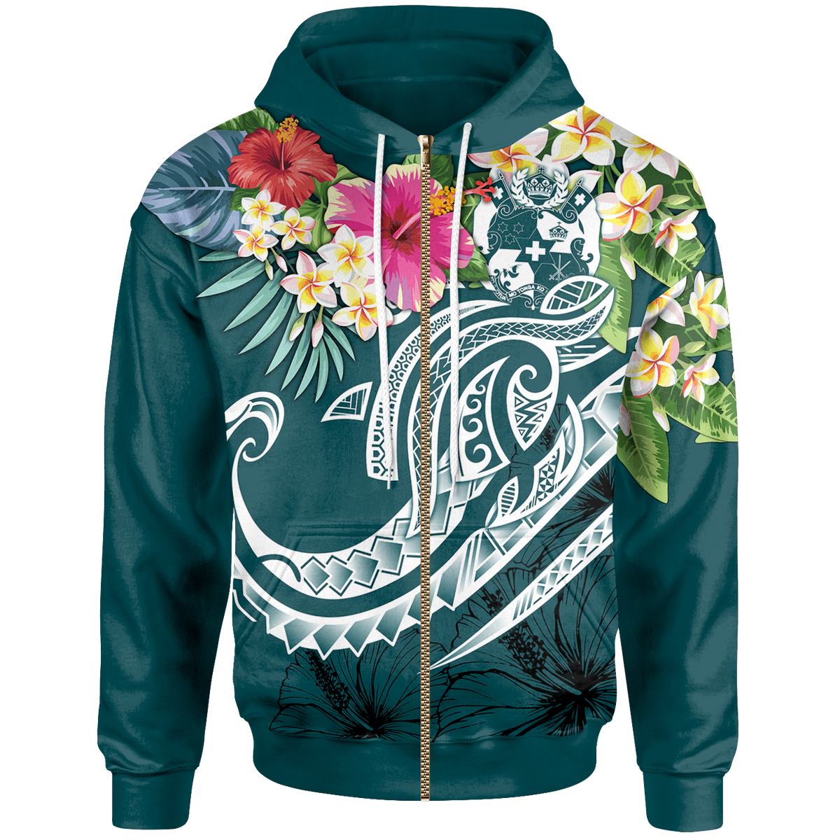 Tonga Polynesian Zip up Hoodie Summer Plumeria (Turquoise) Unisex Turquoise - Polynesian Pride
