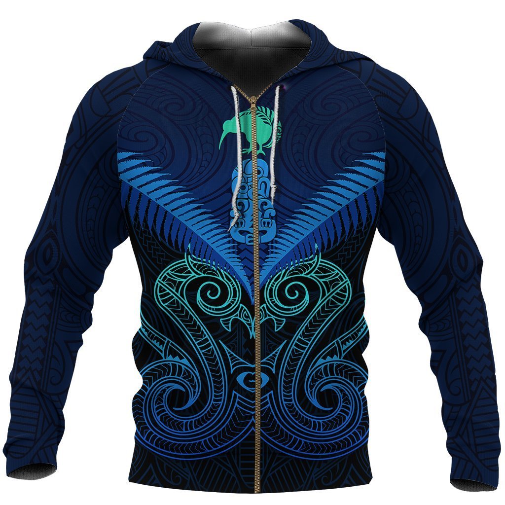 Maori Manaia New Zealand Zip up Hoodie Blue Unisex Black - Polynesian Pride