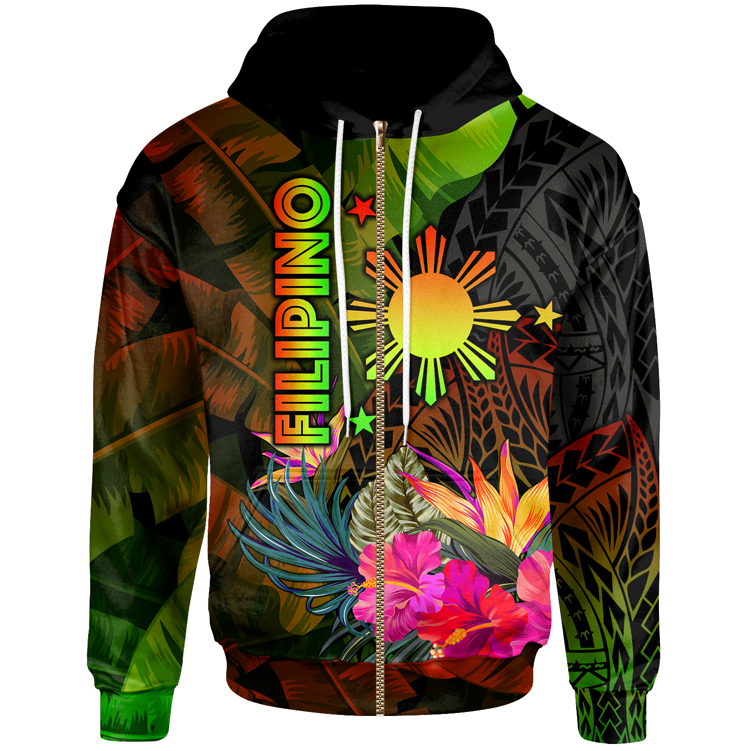 The Philippines Polynesian Zip up Hoodie Hibiscus and Banana Leaves Unisex Reggae - Polynesian Pride