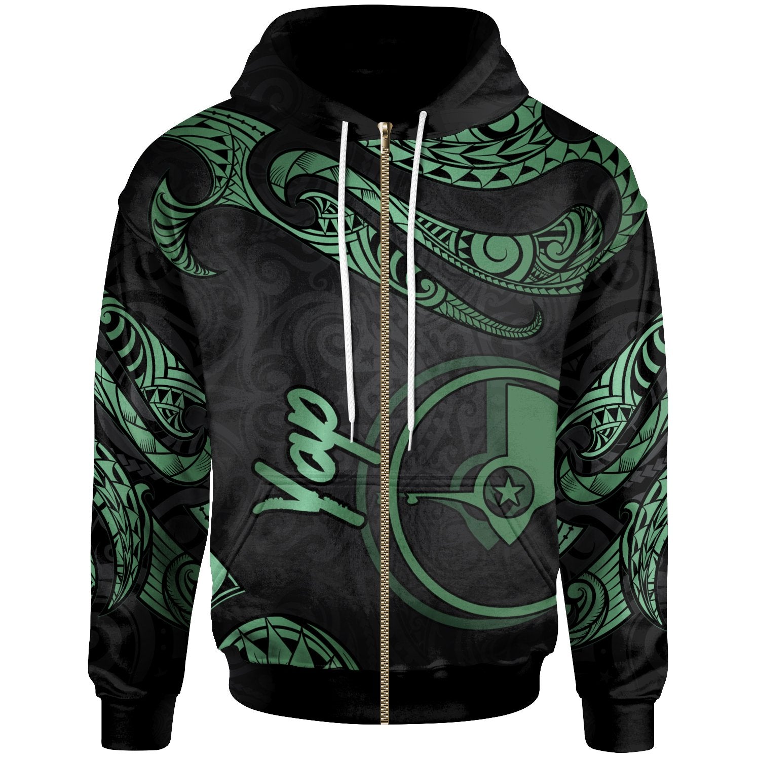 Yap Micronesia Zip Hoodie Polynesian Tattoo Green Version Unisex Green - Polynesian Pride