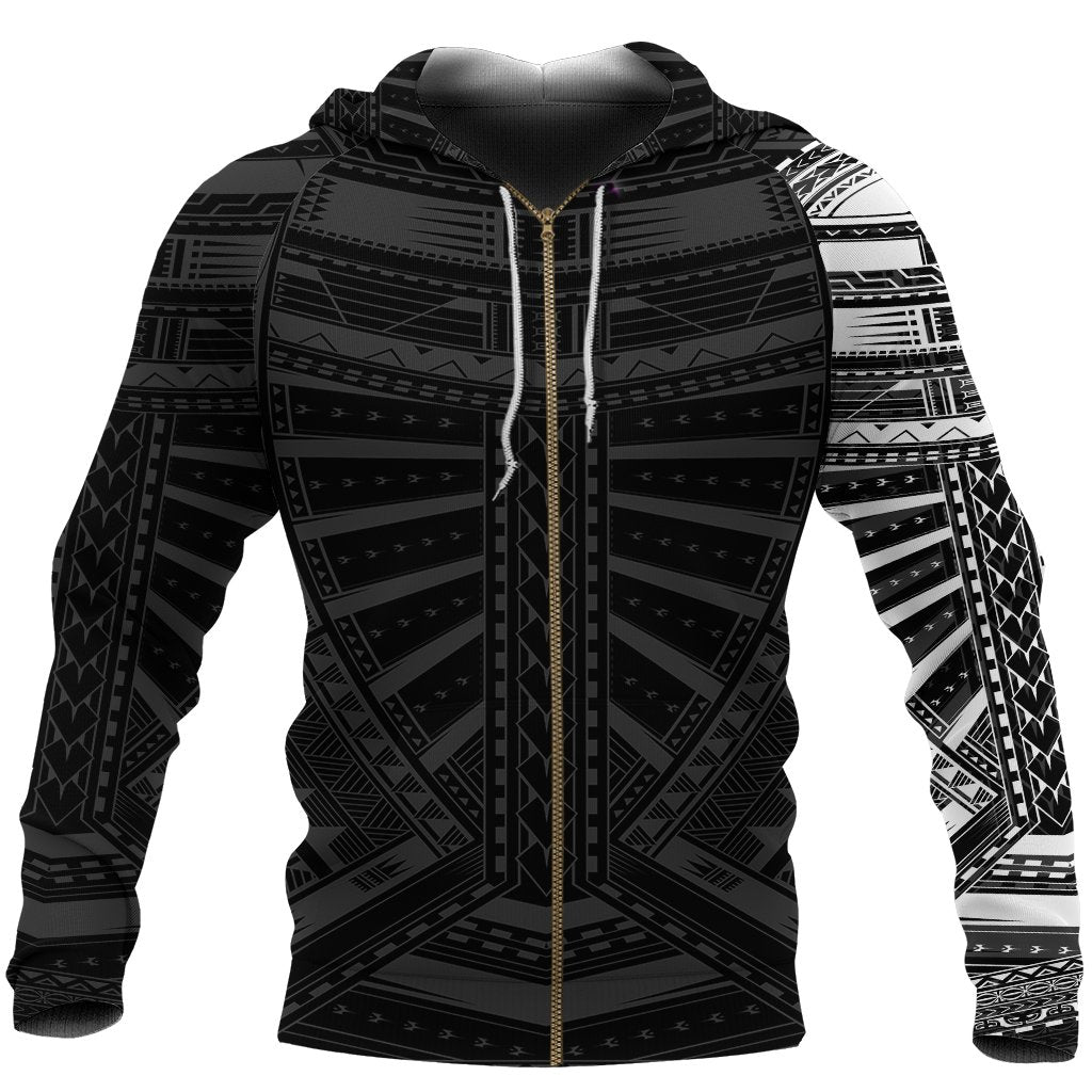 New Zealand Zip up Hoodie, Maori Samoan Polynesian Tattoo Zipper Hoodie White Unisex Black - Polynesian Pride