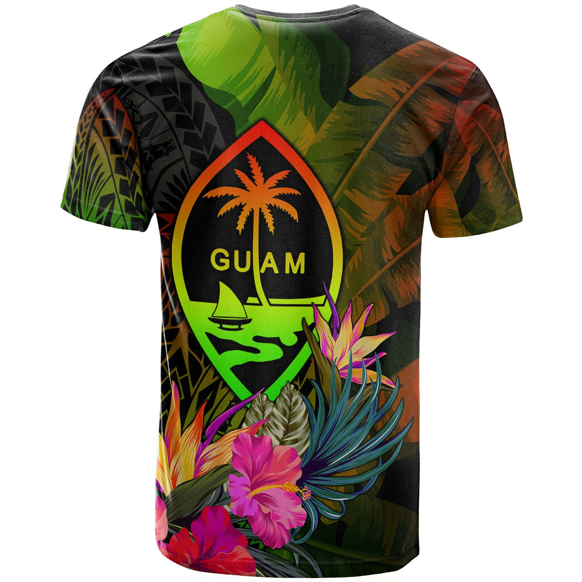 Guam Polynesian T Shirt Hibiscus and Banana Leaves - Polynesian Pride