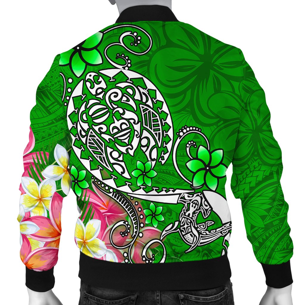 Fiji Custom Personalised Men's Bomber Jacket - Turtle Plumeria (Green) - Polynesian Pride