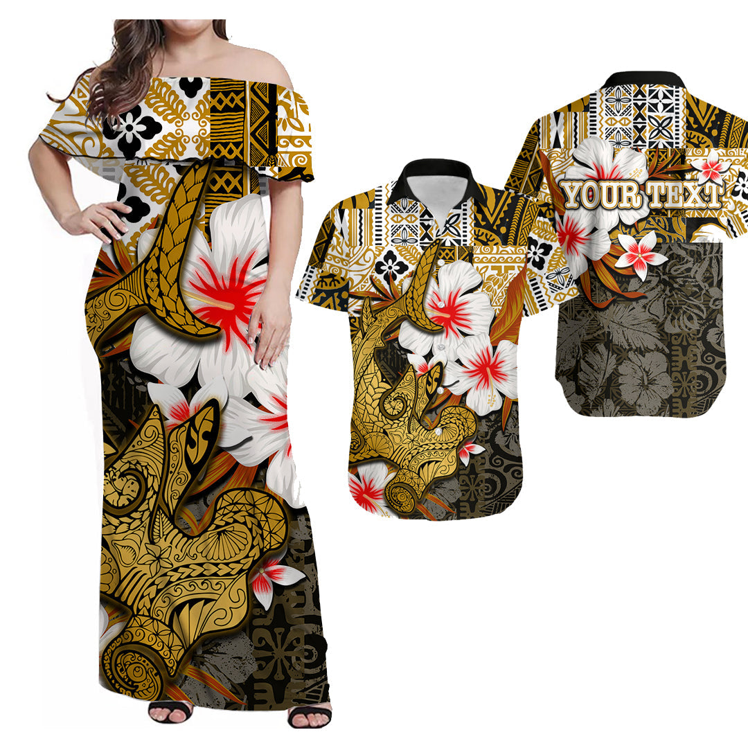 Custom Hawaiian Tribal Hammerhead Shark Tattoo Matching Hawaiian Shirt and Dress with Polynesian Hibiscus Wheat LT6 Art - Polynesian Pride