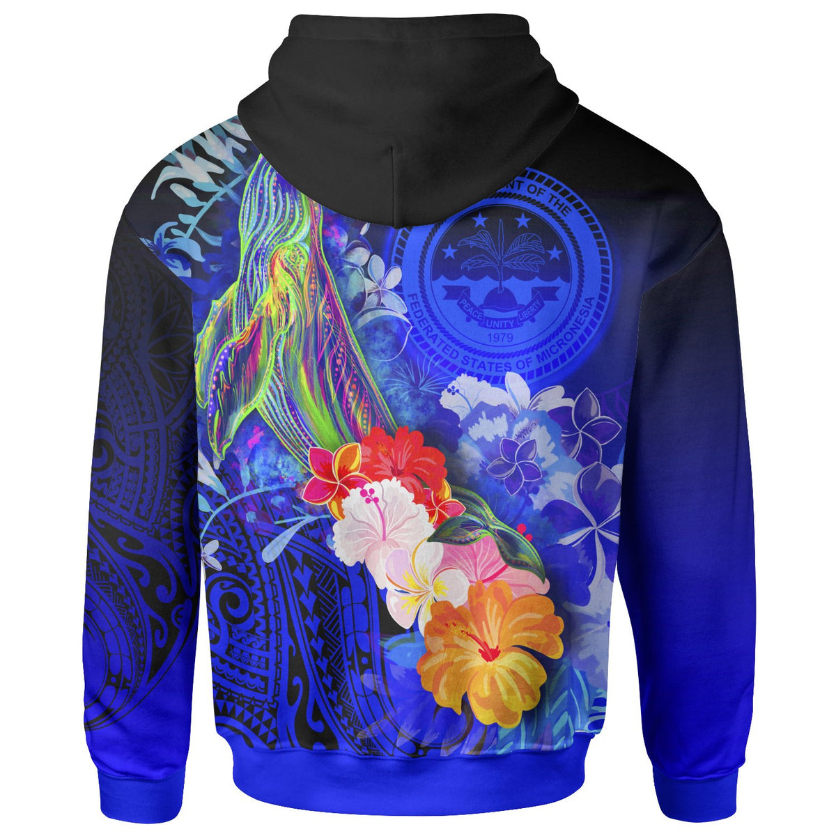 Custom Fsm Zip up Hoodie Humpback Whale with Tropical Flowers (Blue) - Polynesian Pride
