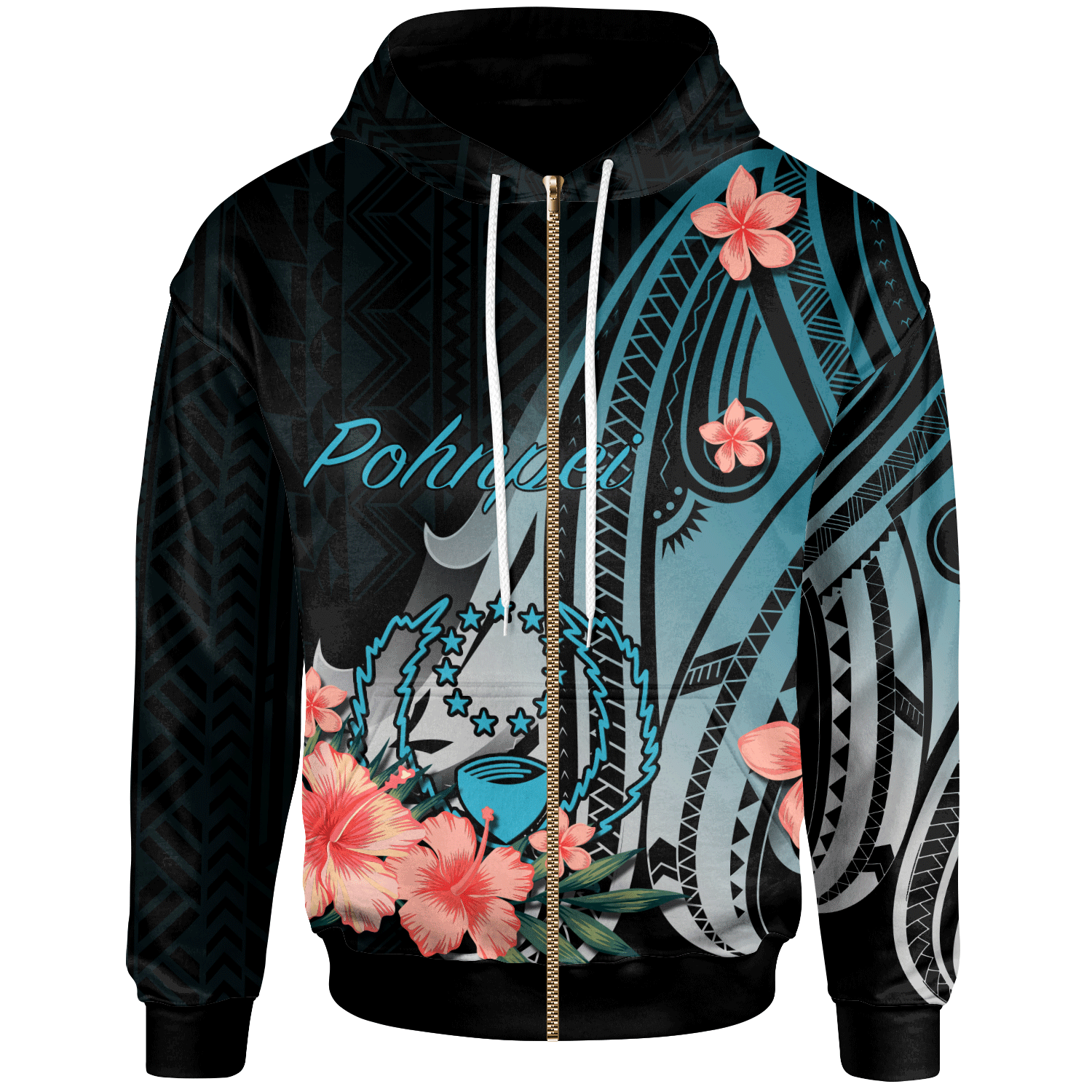 Pohnpei Zip Hoodie Turquoise Polynesian Hibiscus Pattern Style Unisex Turquoise - Polynesian Pride