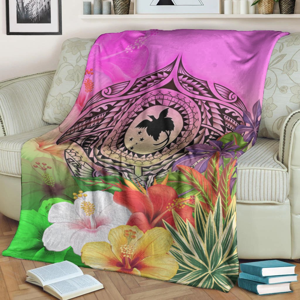 Papua New Guinea Polynesian Premium Blanket - Manta Ray Tropical Flowers - Polynesian Pride