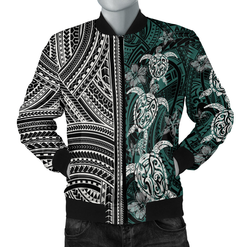 Polynesian Bomber Jacket - Turtle With Ethnic Motives And Floral Elements - LT20 Black Unisex - Polynesian Pride
