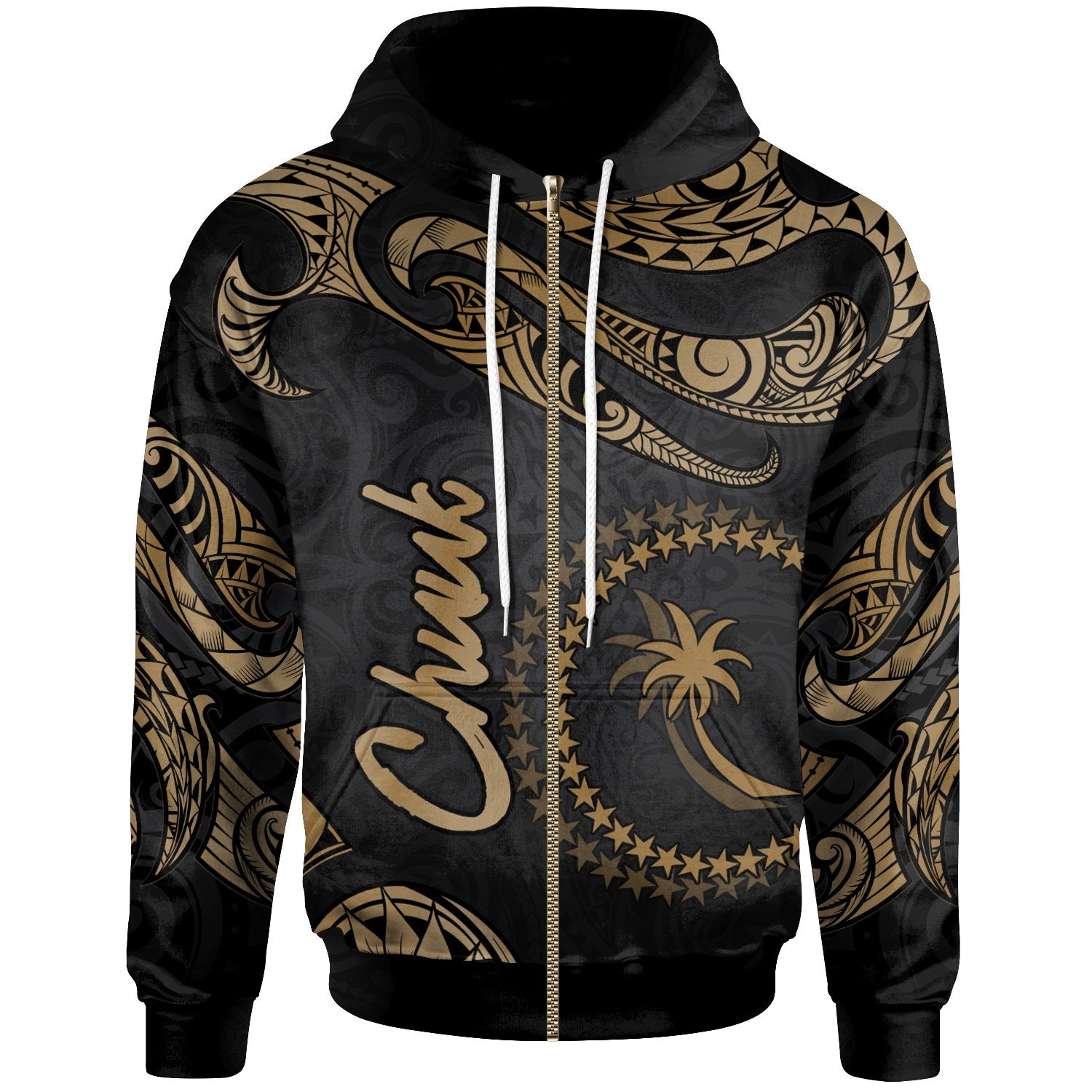 Chuuk Micronesia Zip Hoodie Polynesian Tattoo Gold Version Unisex Gold - Polynesian Pride