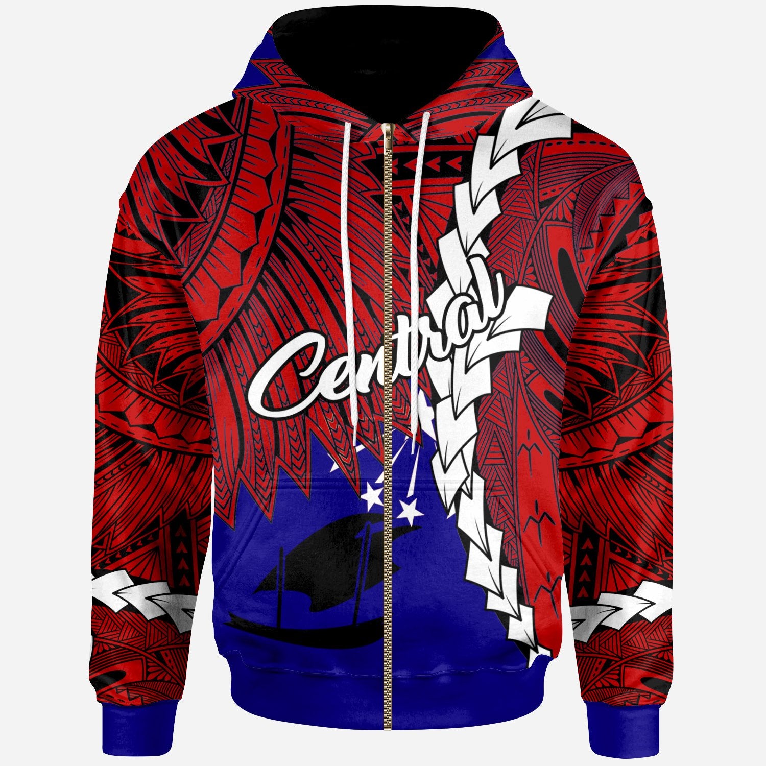 Papua New Guinea Central Province Polynesian Zip Hoodie Tribal Wave Tattoo Unisex Red - Polynesian Pride