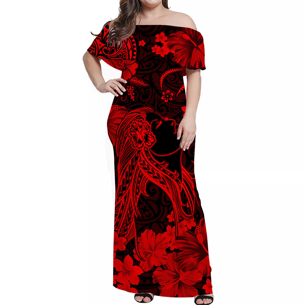 Hawaii Off Shoulder Long Dress Polynesia Red Beautiful Hula Girl LT13 Women Red - Polynesian Pride