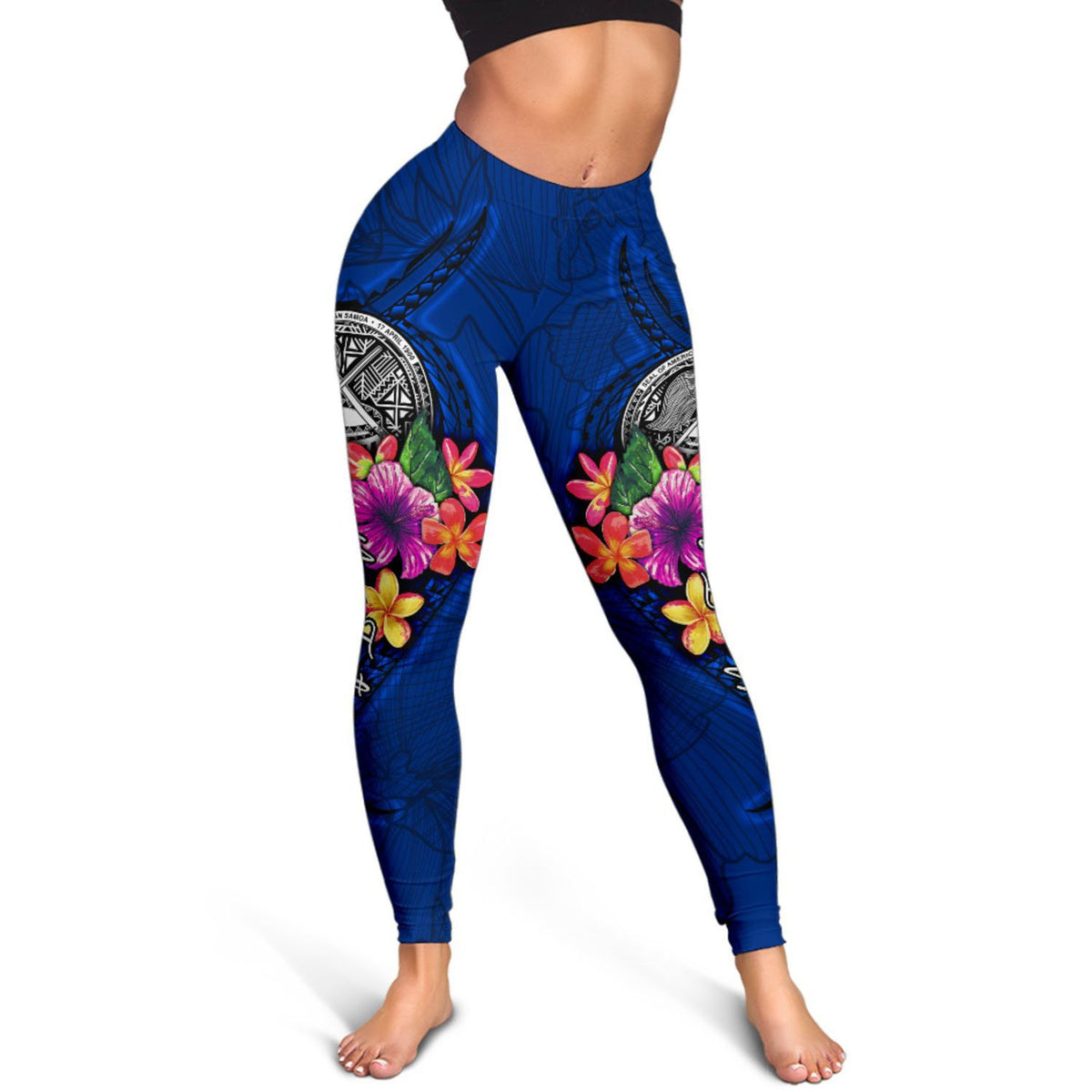 American Samoa Polynesian Custom Personalised Women's Leggings - Floral With Seal Blue - Polynesian Pride