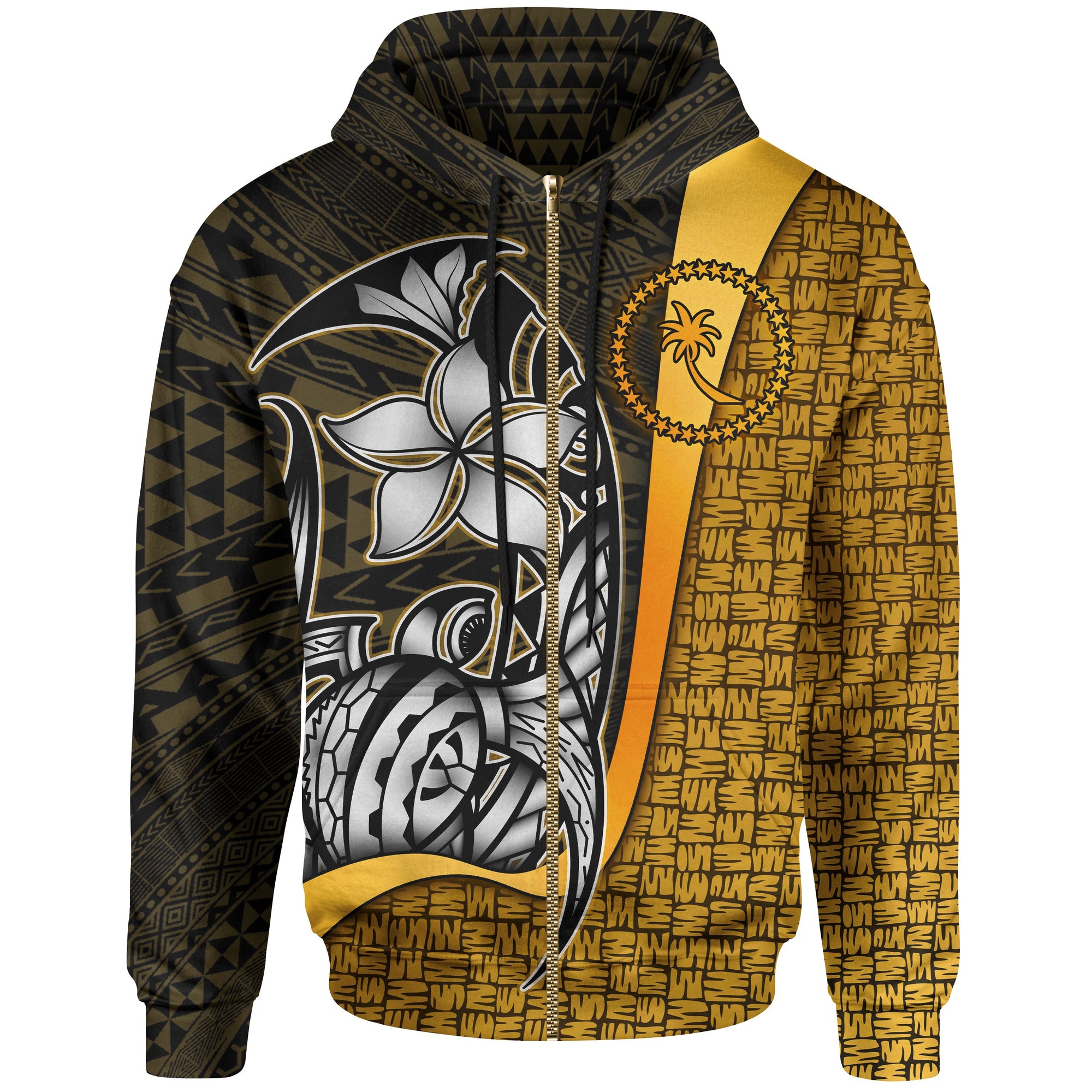 Chuuk Micronesian Zip up Hoodie Gold Turtle with Hook Unisex GOLD - Polynesian Pride