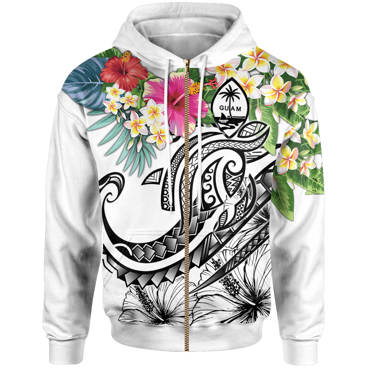 Guam Polynesian Zip up Hoodie Summer Plumeria (White) Unisex White - Polynesian Pride