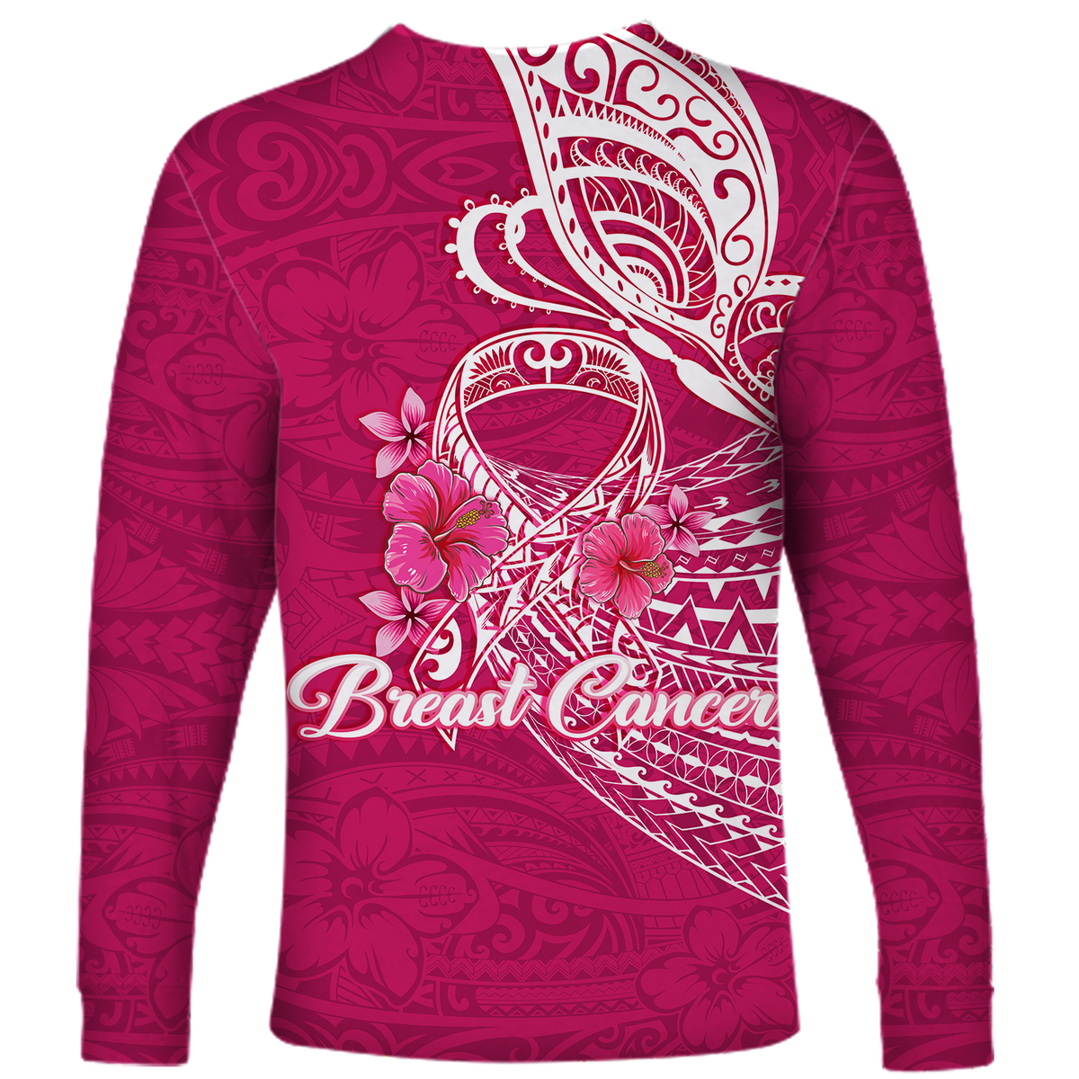 Breast Cancer Pink Ribbon Butterfly Polynesian Pink Version Long Sleeve Shirt - LT12 - Polynesian Pride