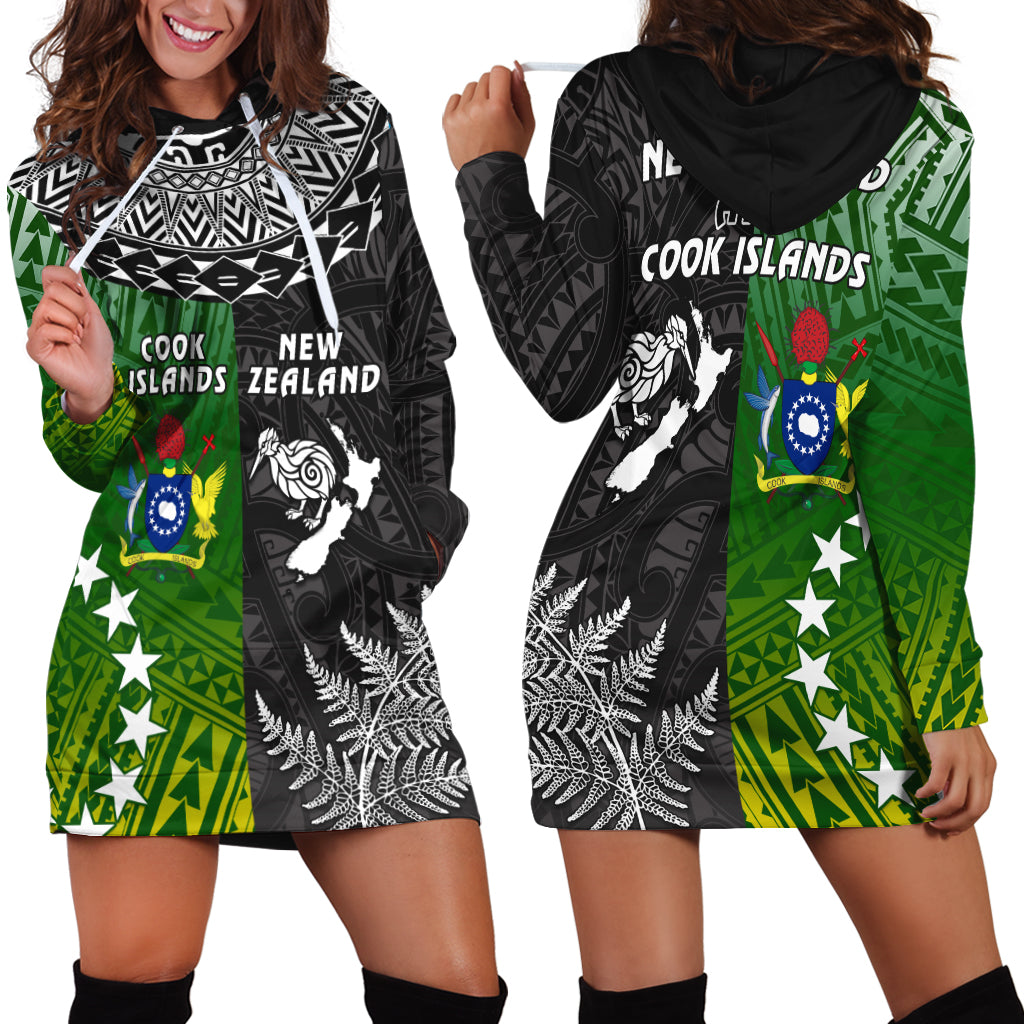 Cook Islands Pattern and New Zealand Kiwi Hoodie Dress LT13 Black - Polynesian Pride