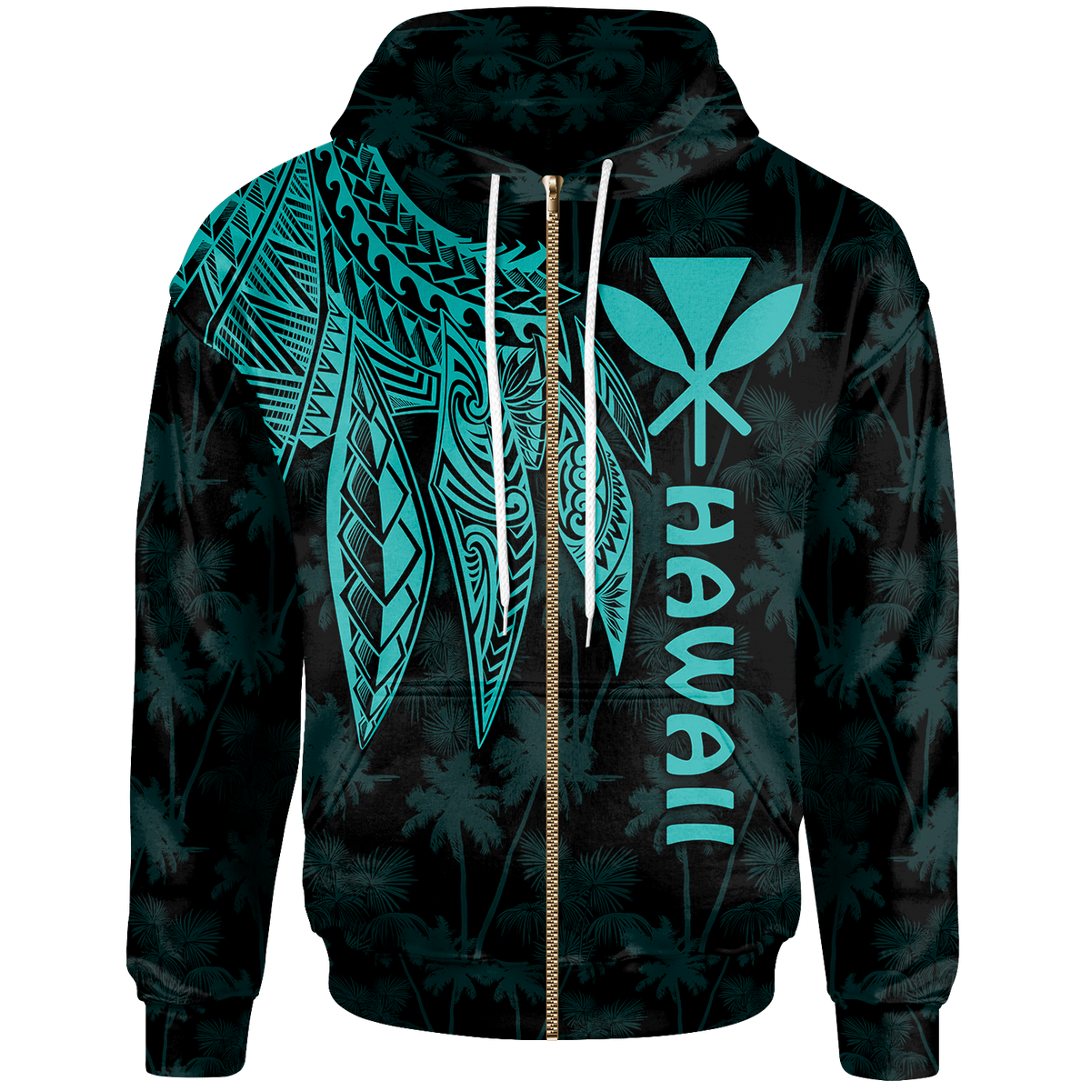 Polynesian Hawaii Kanaka Maoli Zip up Hoodie Polynesian Wings (Turquoise) Unisex Turquoise - Polynesian Pride