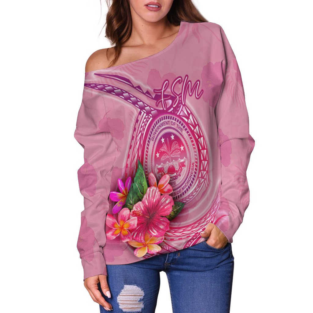 Federated States Of Micronesia Women's Off Shoulder Sweater - Floral With Seal Pink - Polynesian Pride