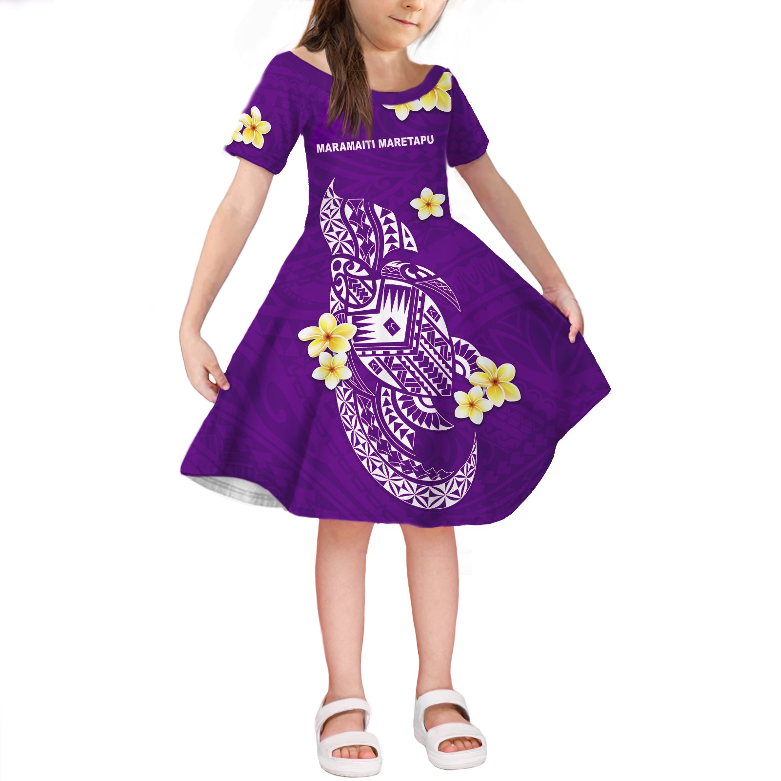 (Maramaiti Maretapu) Cook Islands Tatau Short Sleeves Dress KID Symbolize Passion Stars Polynesian Turtle Purple LT13 KID Purple - Polynesian Pride