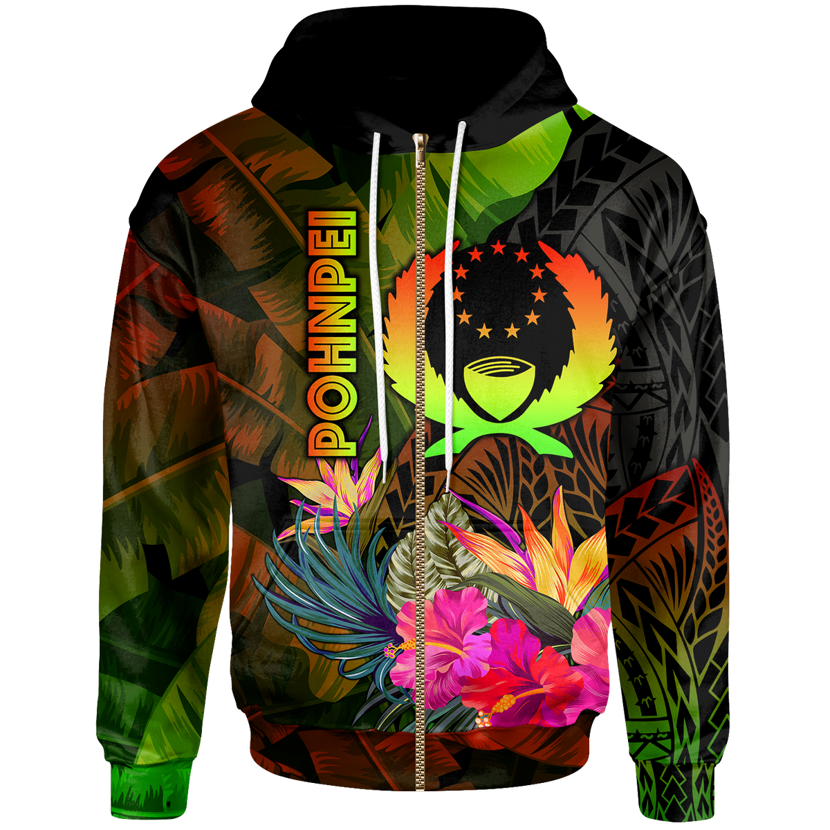 Pohnpei Polynesian Zip up Hoodie Hibiscus and Banana Leaves Unisex Reggae - Polynesian Pride