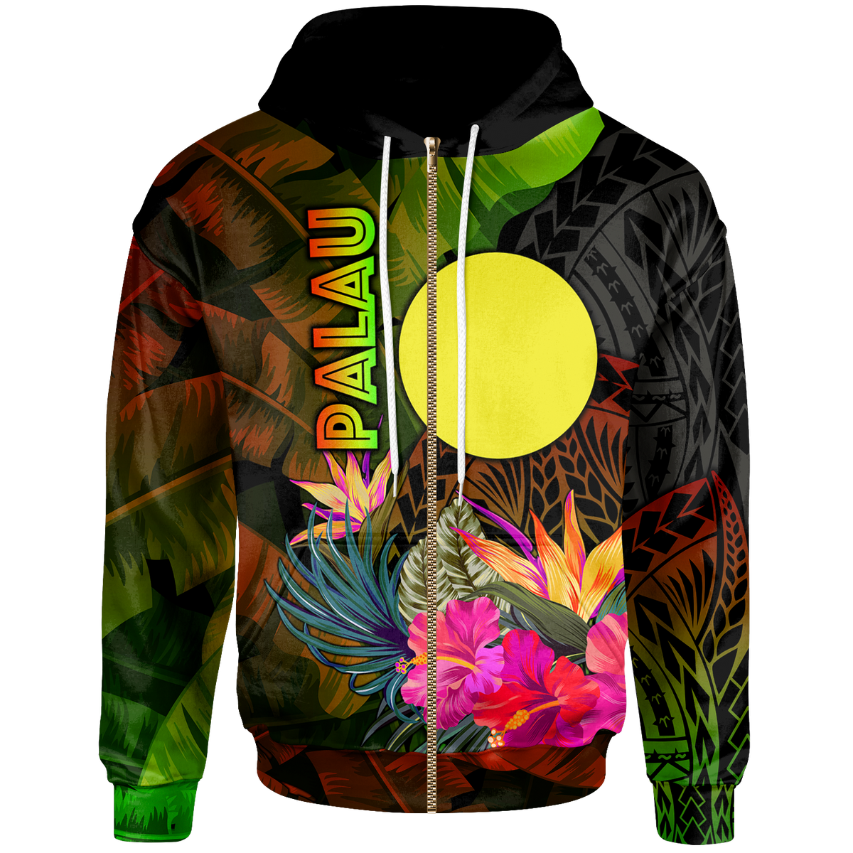Palau Polynesian Zip up Hoodie Hibiscus and Banana Leaves Unisex Reggae - Polynesian Pride