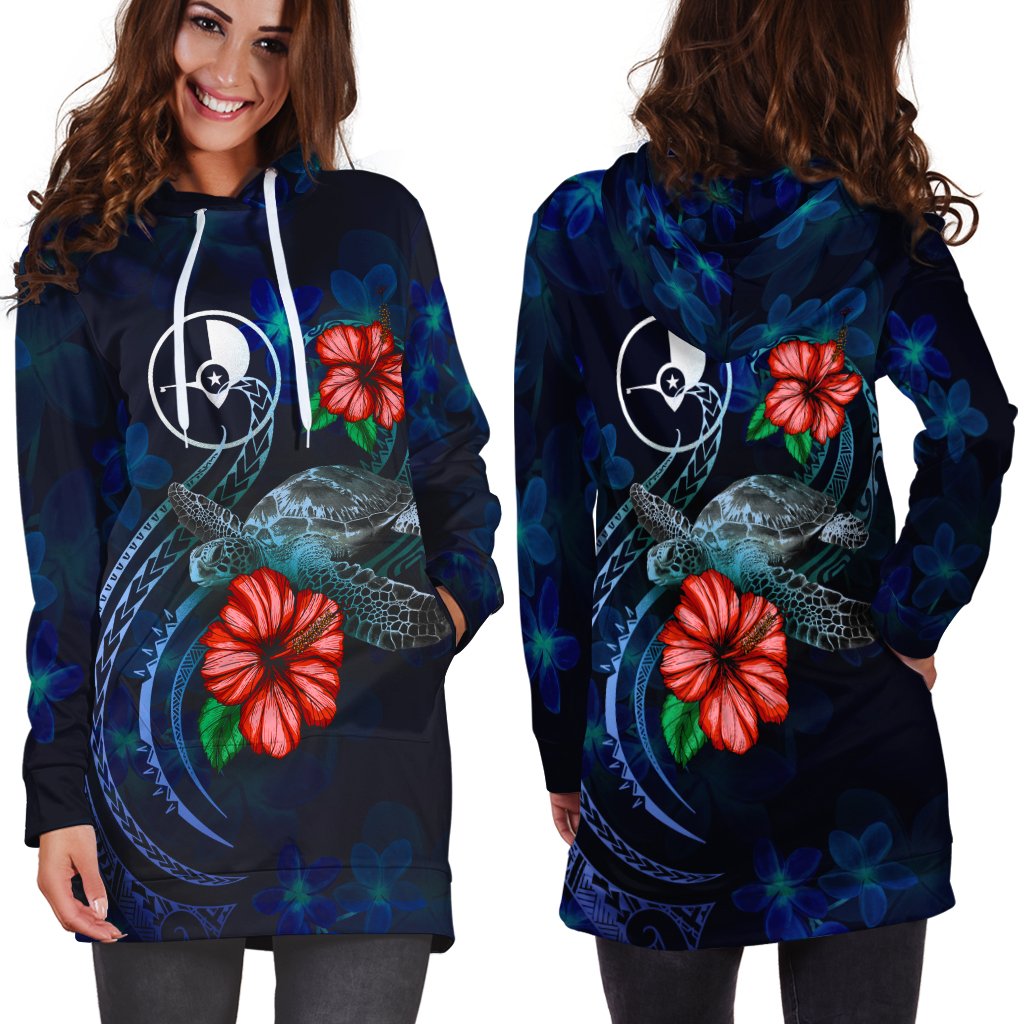 Yap Polynesian Hoodie Dress - Blue Turtle Hibiscus - Polynesian Pride