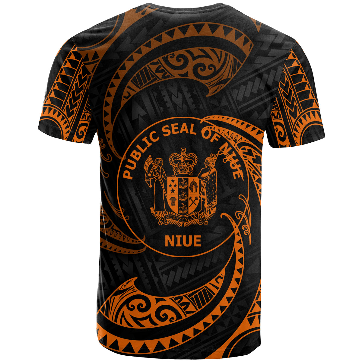 Niue Polynesian All Over T Shirt Orange Tribal Wave - Polynesian Pride