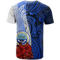 Federated States of Micronesia Custom T Shirt Coat of Arm With Hibiscus Blue - Polynesian Pride