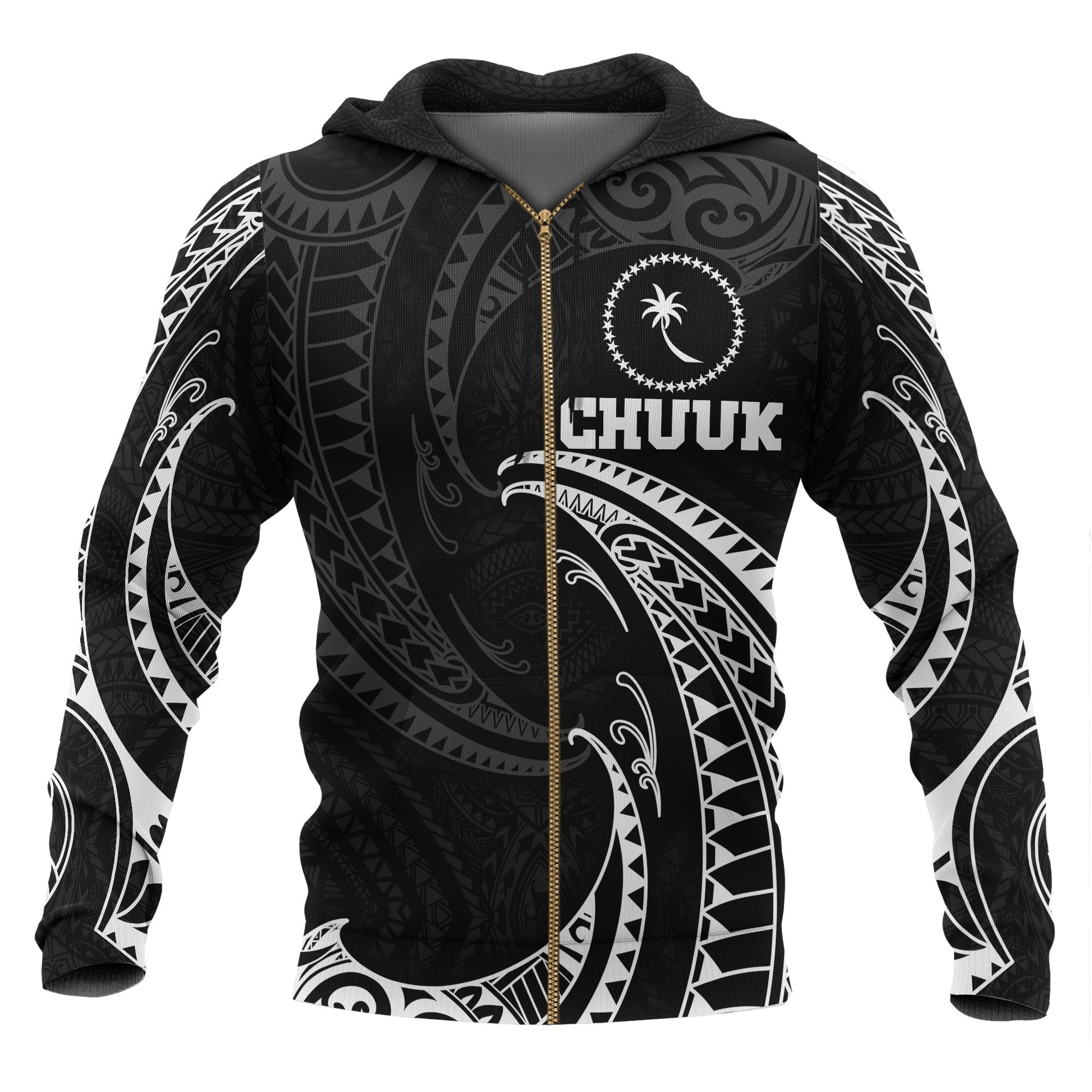 Chuuk Micronesia All Over Zip up Hoodie White Tribal Wave Unisex Black - Polynesian Pride