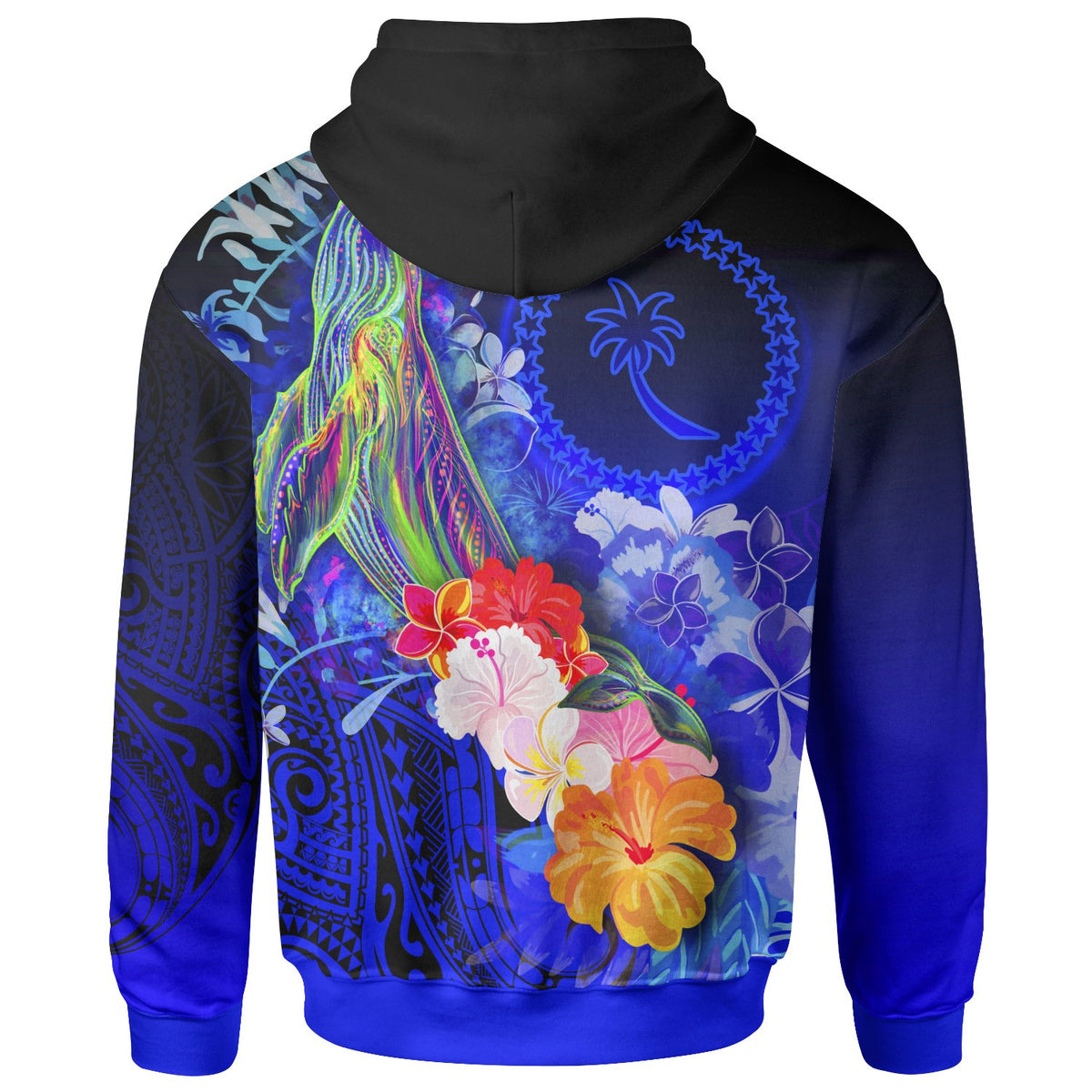 Custom Chuuk Hoodie Humpback Whale with Tropical Flowers (Blue) - Polynesian Pride