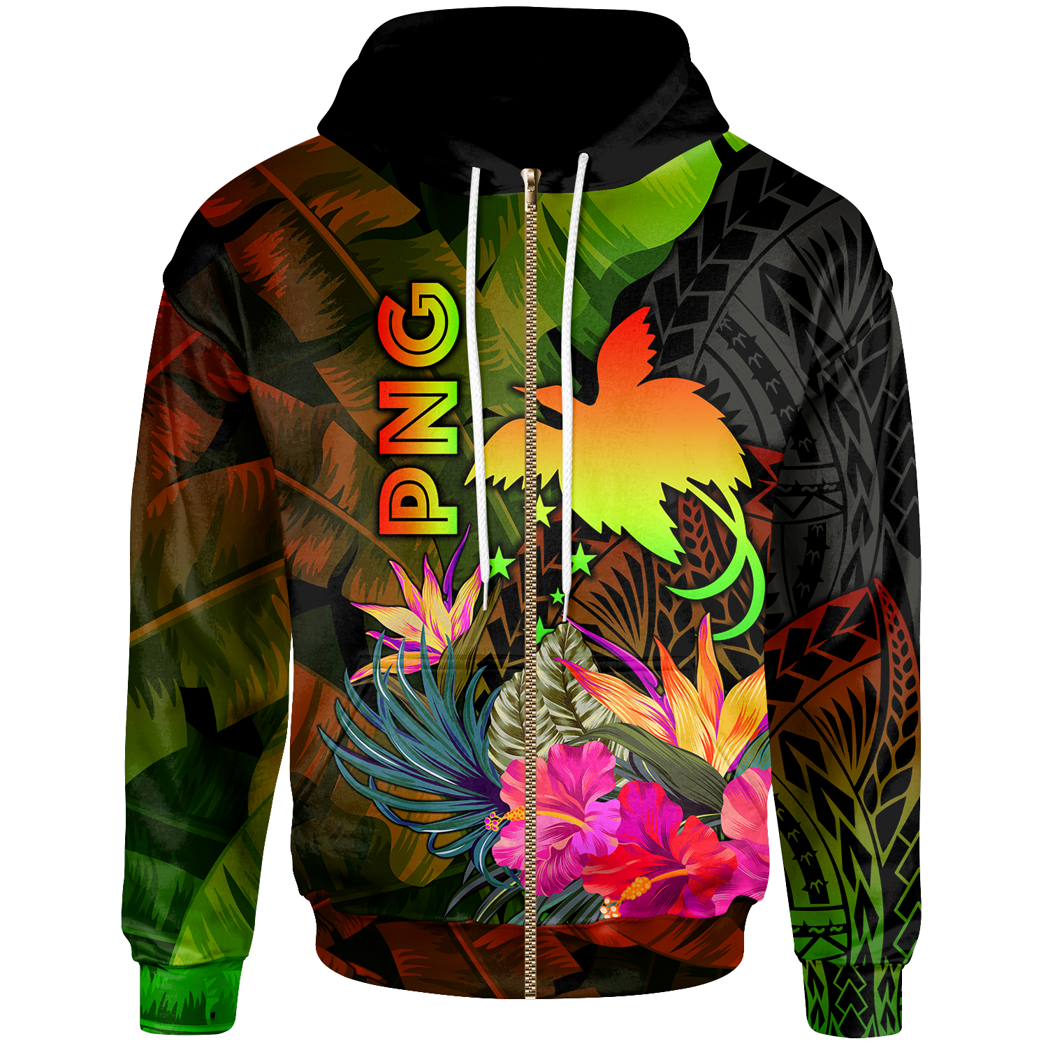 Papua New Guinea Polynesian Zip up Hoodie Hibiscus and Banana Leaves Unisex Reggae - Polynesian Pride