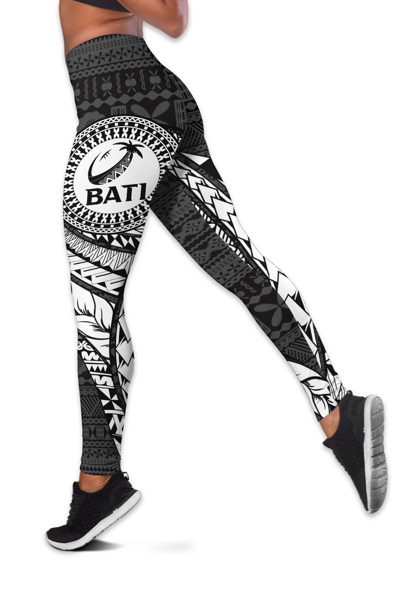 (Custom Personalised) Fiji Rugby Bati Tapa Pattern Women Legging - LT2 Black - Polynesian Pride