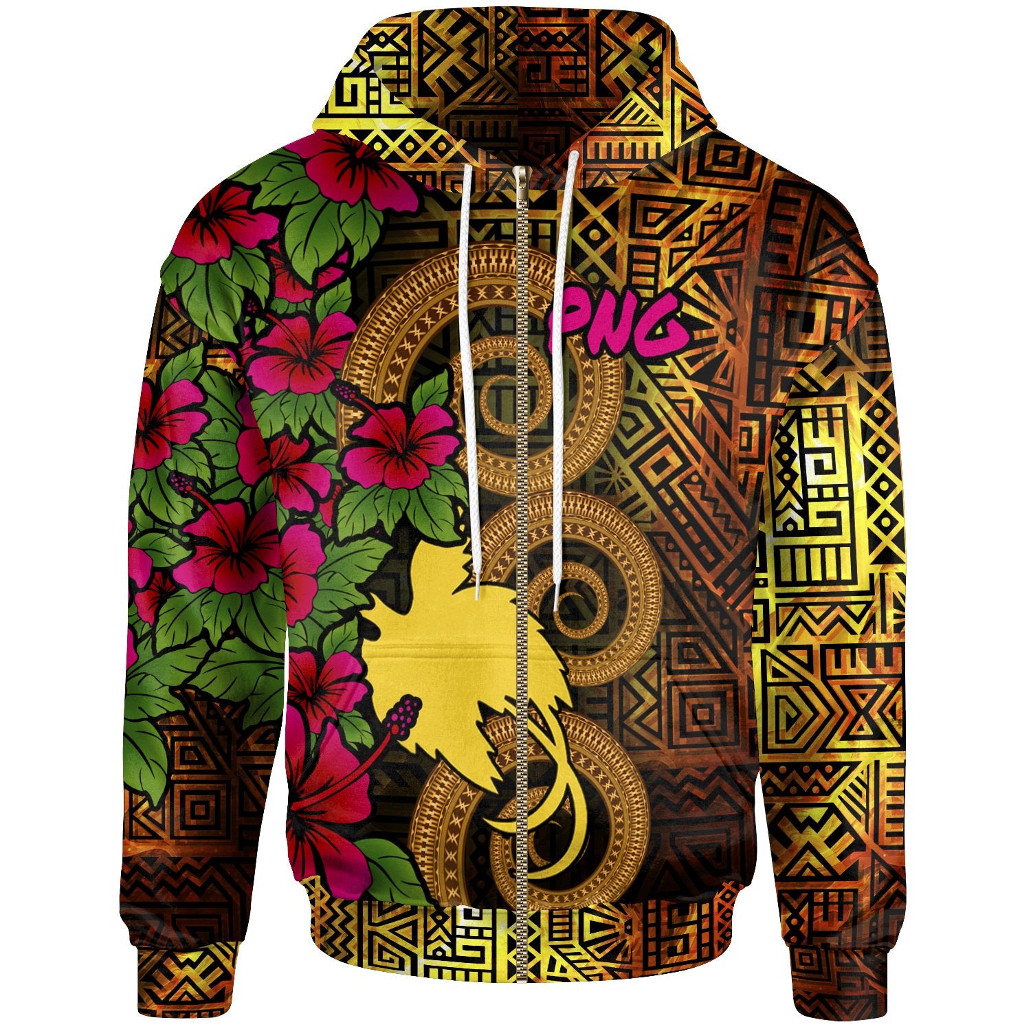 Papua New Guinea Polynesian Zip up Hoodie Hibiscus Vintage Unisex Orange - Polynesian Pride