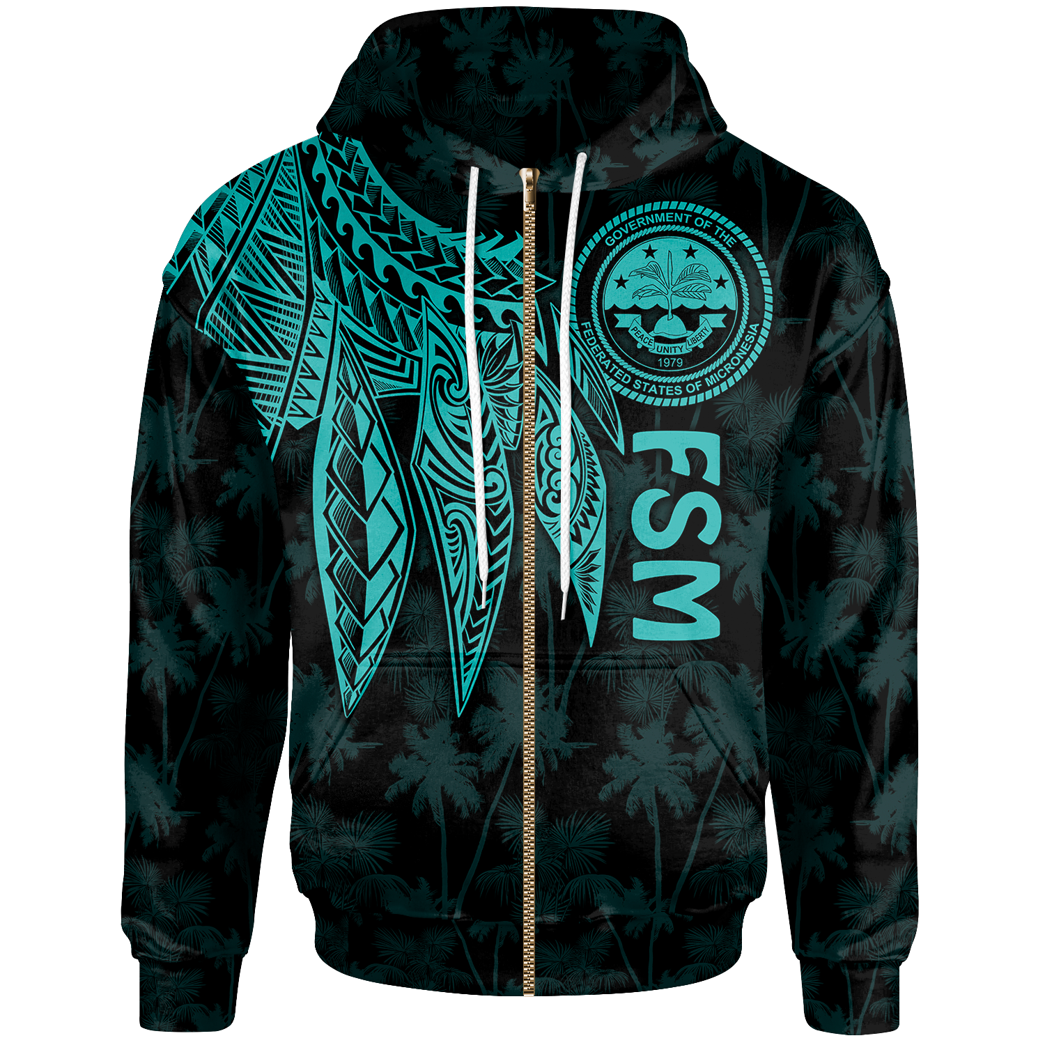 Federated States of Micronesia Zip up Hoodie Polynesian Wings (Turquoise) Unisex Turquoise - Polynesian Pride