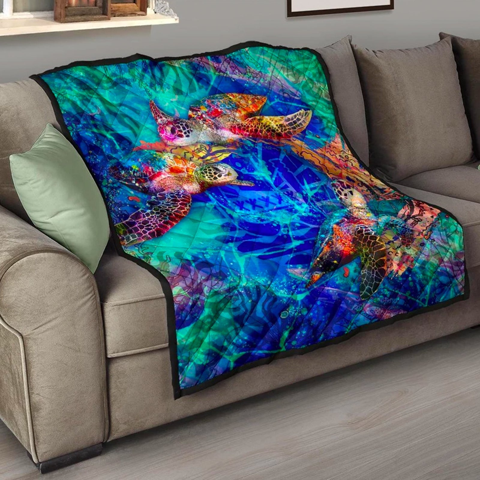 Tahiti Polynesian Premium Quilt - Tahiti Flag Sea Turtle Coral Treasure BLUE - Polynesian Pride