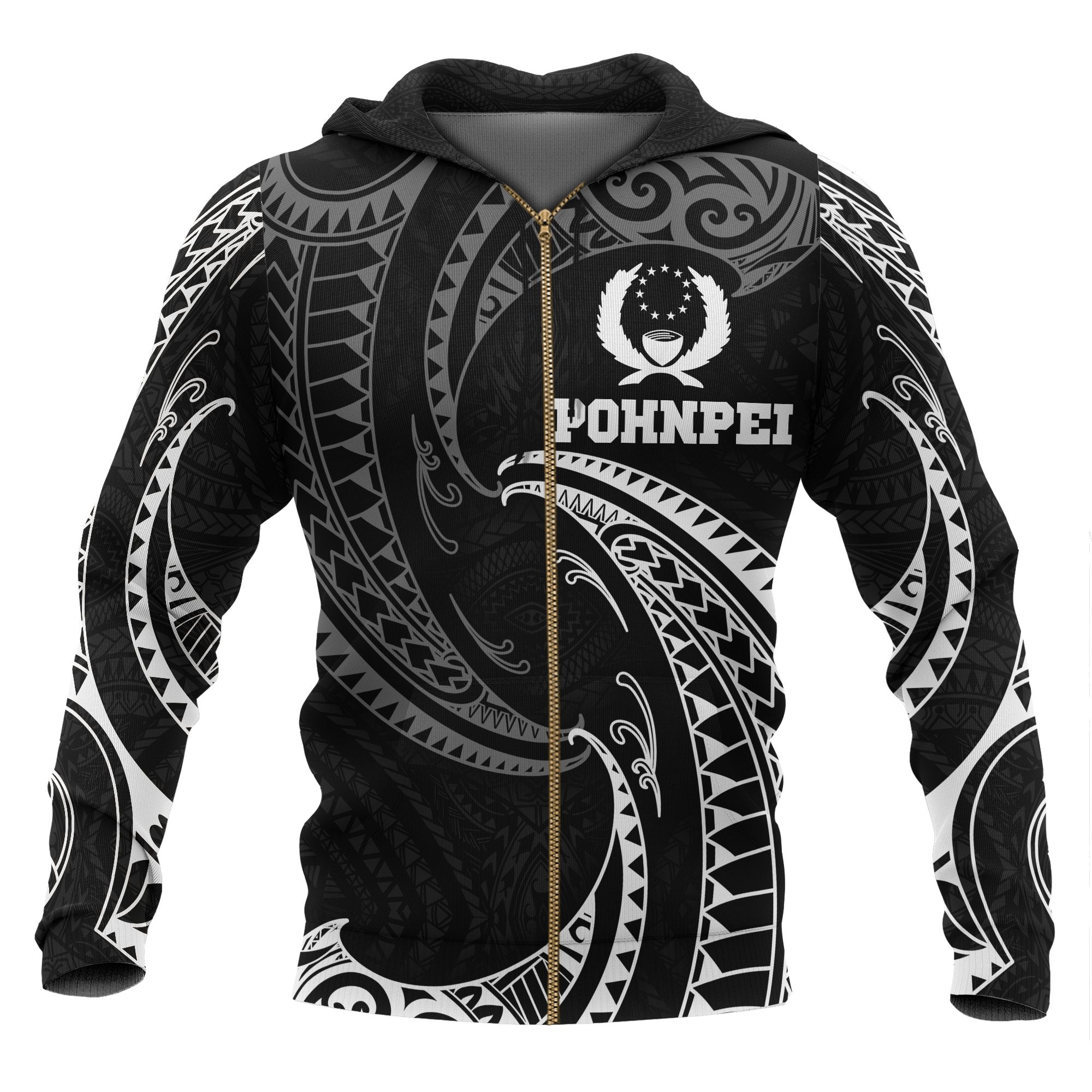 Pohnpei Micronesia All Over Zip up Hoodie White Tribal Wave Unisex Black - Polynesian Pride
