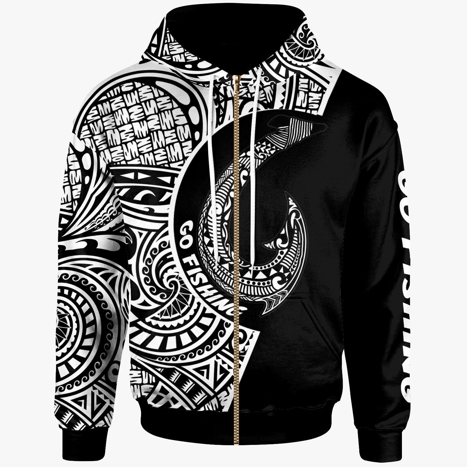 Palau Zip Hoodie Hook Tattoo Black Color Unisex Black - Polynesian Pride