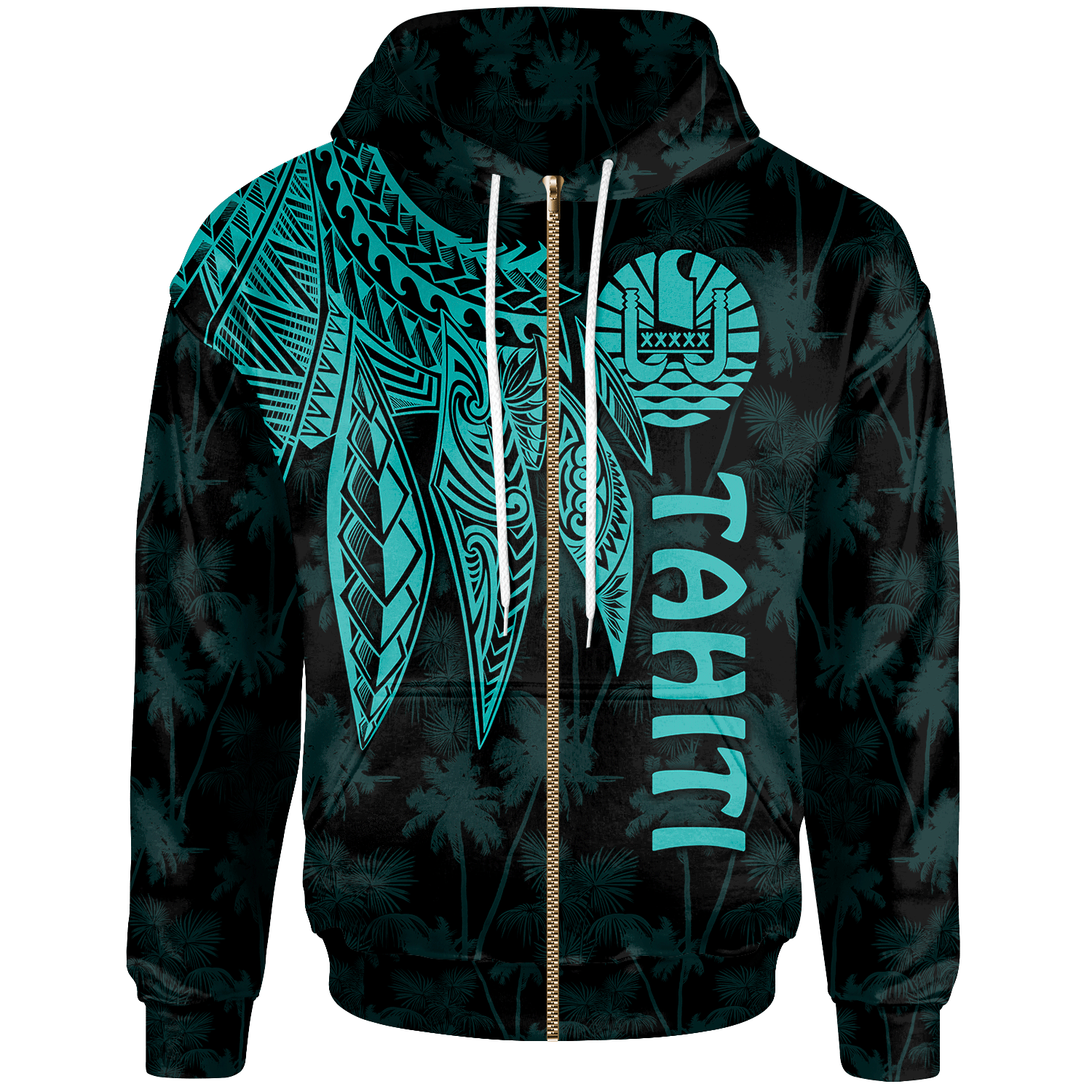Tahiti Zip up Hoodie Polynesian Wings (Turquoise) Unisex Turquoise - Polynesian Pride