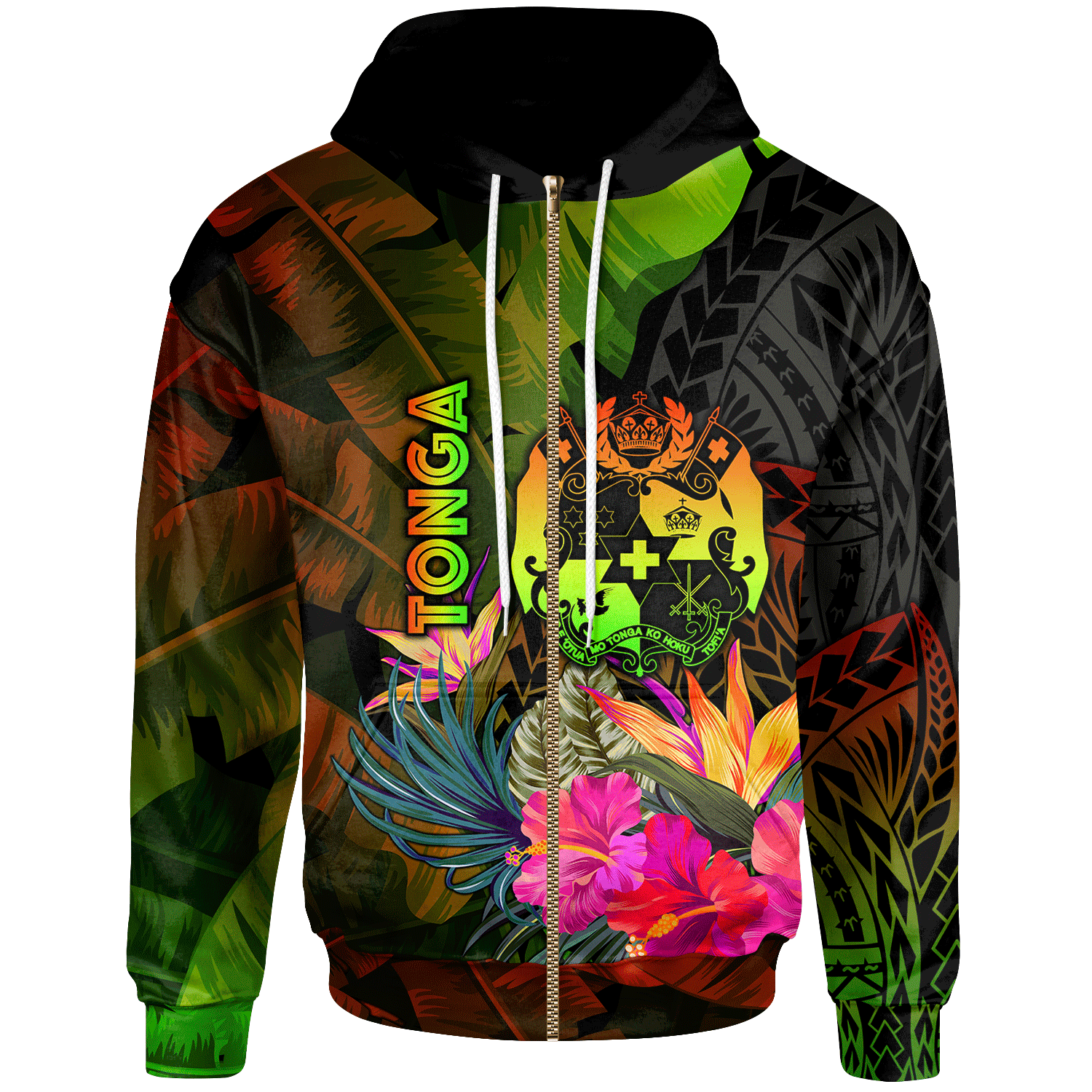 Tonga Polynesian Zip up Hoodie Hibiscus and Banana Leaves Unisex Reggae - Polynesian Pride