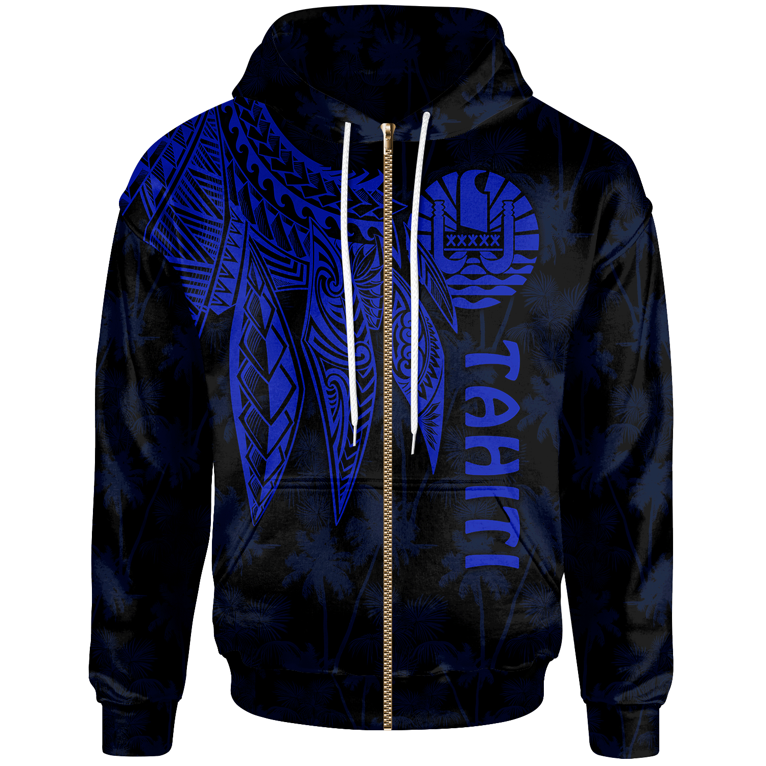 Tahiti Zip up Hoodie Polynesian Wings (Blue) Unisex Blue - Polynesian Pride