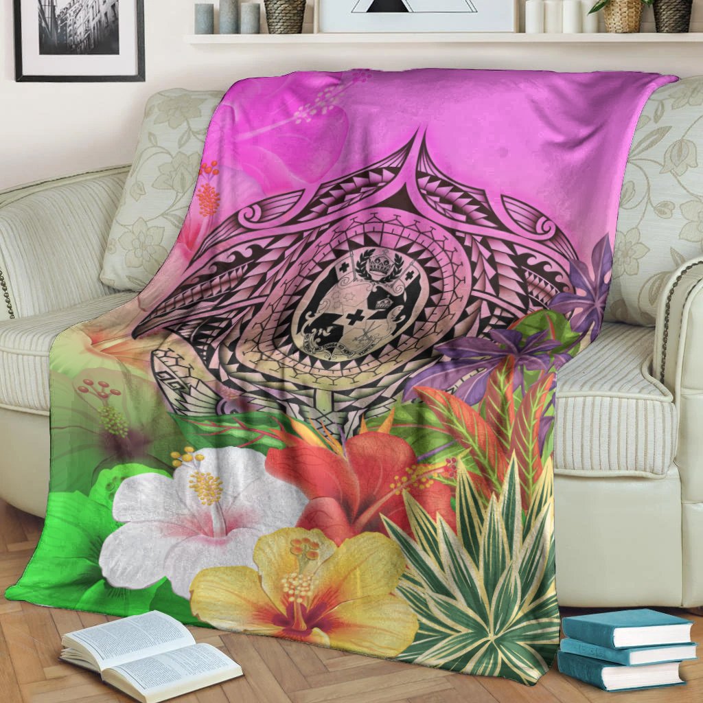 Tonga Premium Blanket - Manta Ray Tropical Flowers - Polynesian Pride