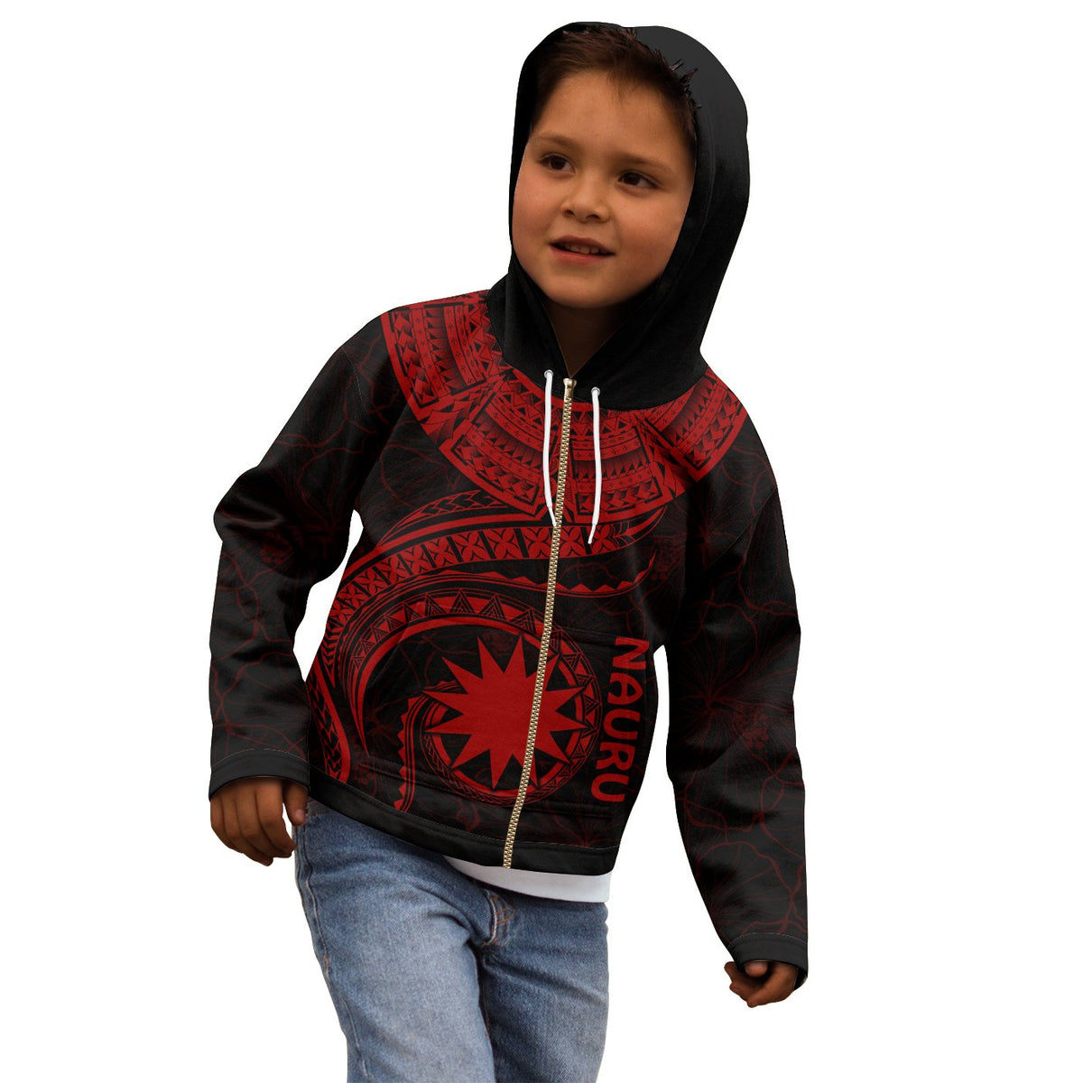 Nauru Polynesian Zip up Hoodie Nauru Waves (Red) - Polynesian Pride