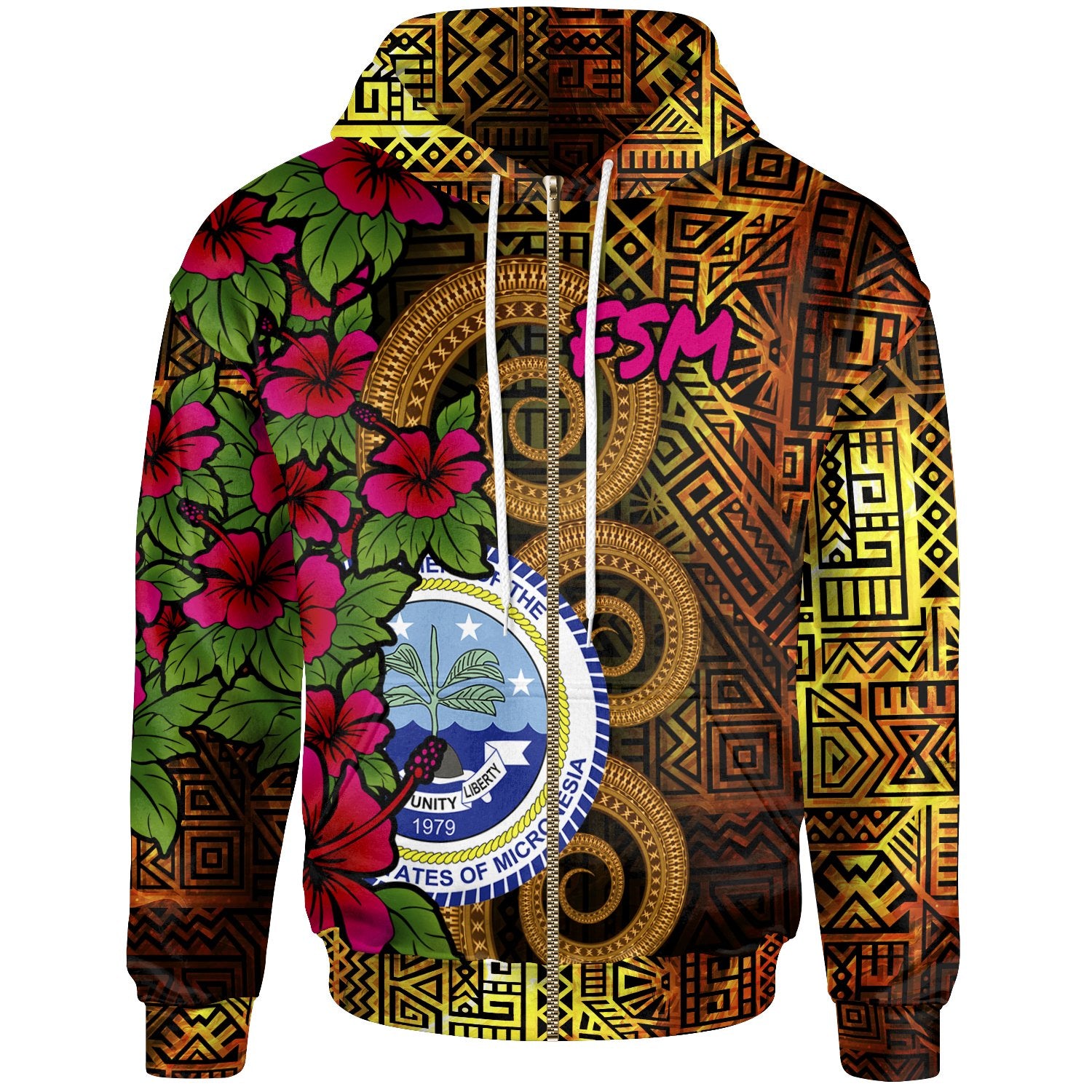 Federated States of Micronesia Zip up Hoodie Hibiscus Vintage Unisex Orange - Polynesian Pride
