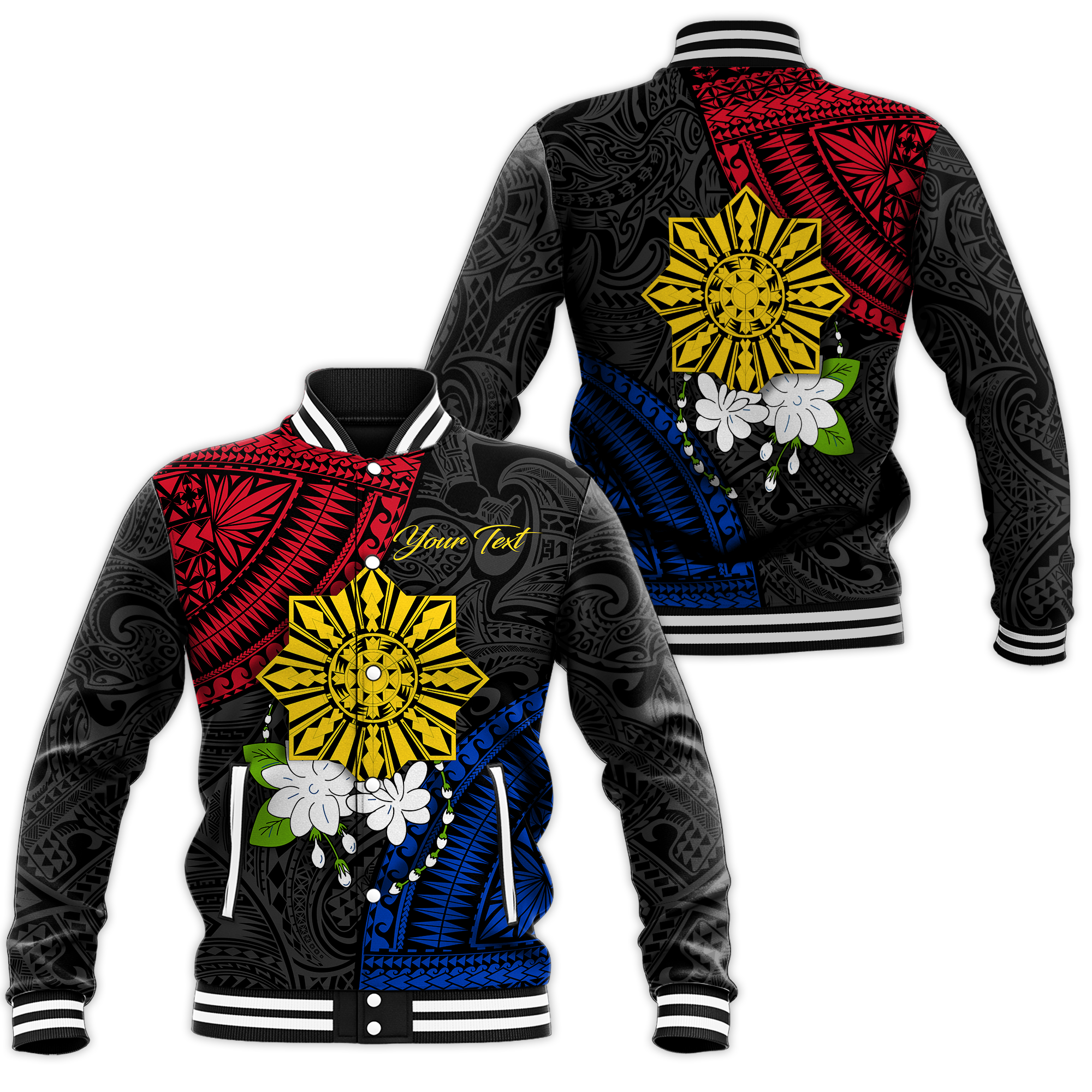 (Custom Personalised) Philippines Sampaguita Filipino Sun Baseball Jacket - LT12 Unisex Black - Polynesian Pride